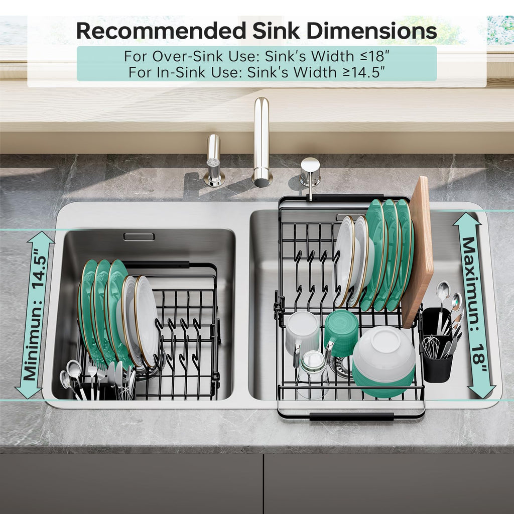 Expandable-Sink-Dish-Drying-Rack with Utensil Holder for Kitchen Counter, in Sink and Over The Sink, Rust Resistant, Black