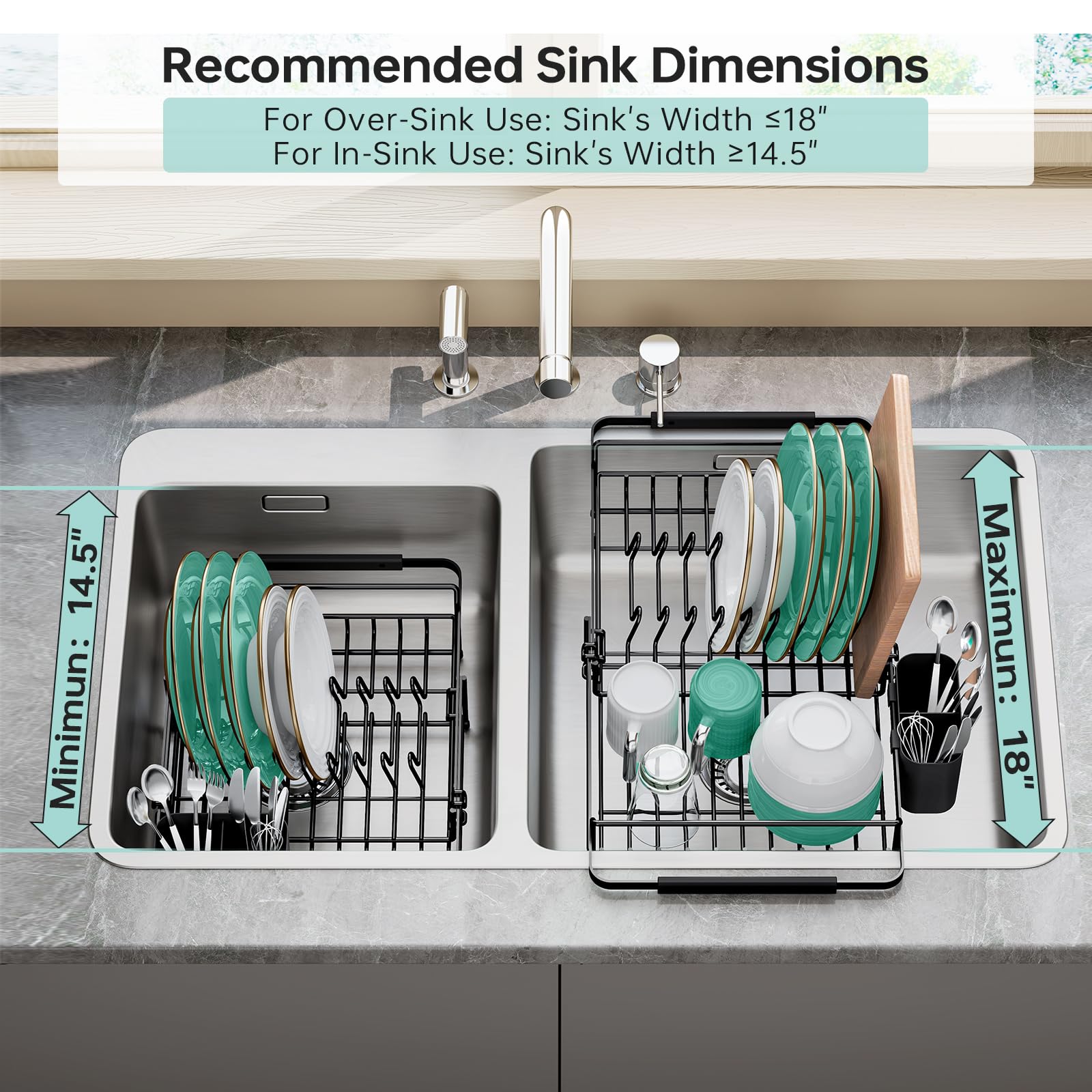 Expandable-Sink-Dish-Drying-Rack with Utensil Holder for Kitchen Counter, in Sink and Over The Sink, Rust Resistant, Black