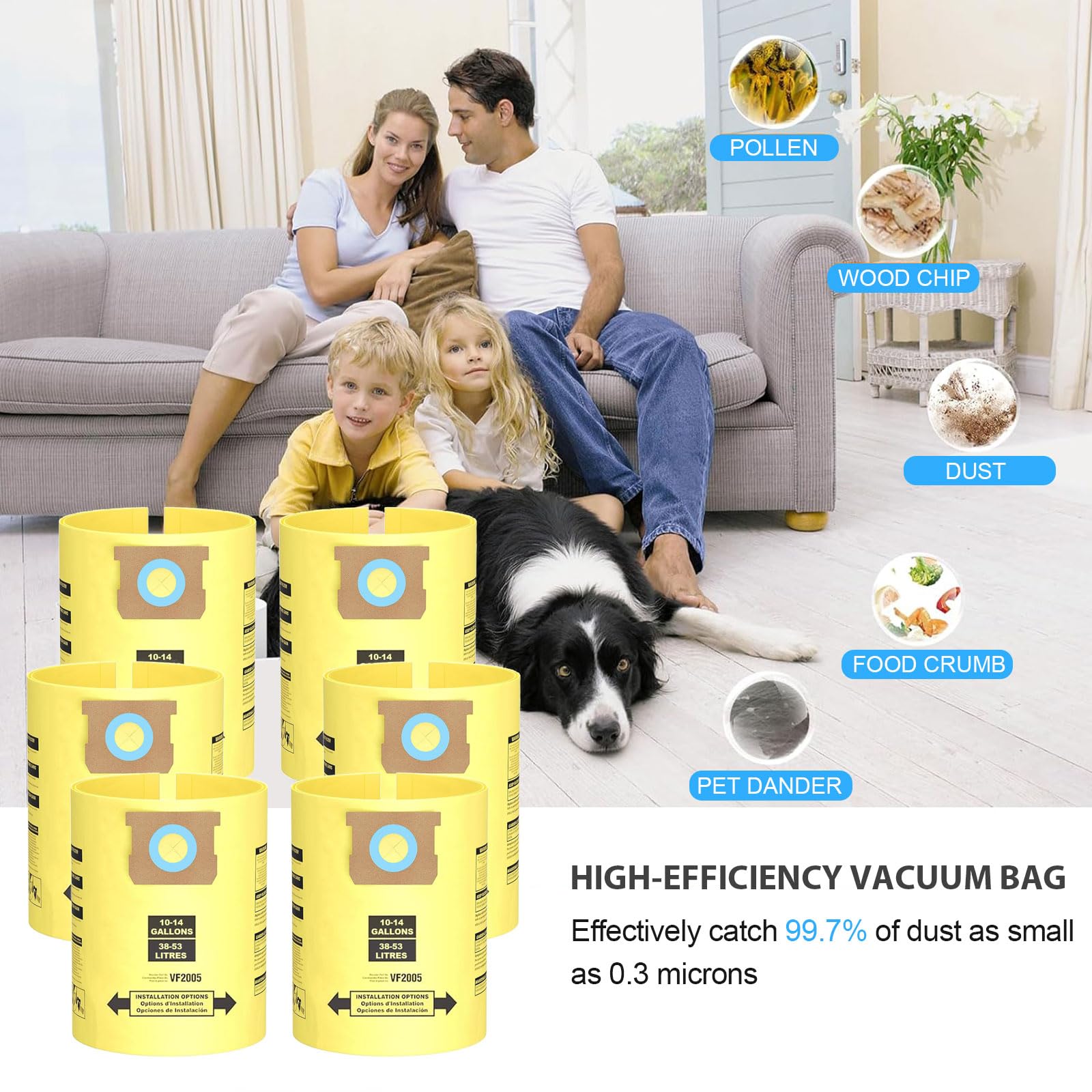 6 Pack Shop Vac Bags 10-14 Gallon, Vacuum Bags Compatible with Shop vac Type I 90672 9067200, Type F 90662 9066200 9066233, Double Layer Disposable Dust Collection Bags Wet/Dry Vacuums