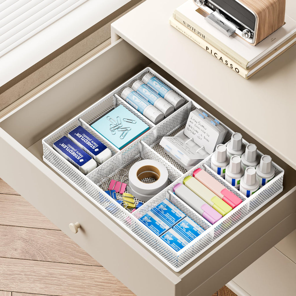 SUBEKYU Mesh Drawer Organizer Tray with 8 Adjustable Compartments, Desk Drawer Organizer for Office and Home, Stationery Storage Pen Holder Tool Tray - White