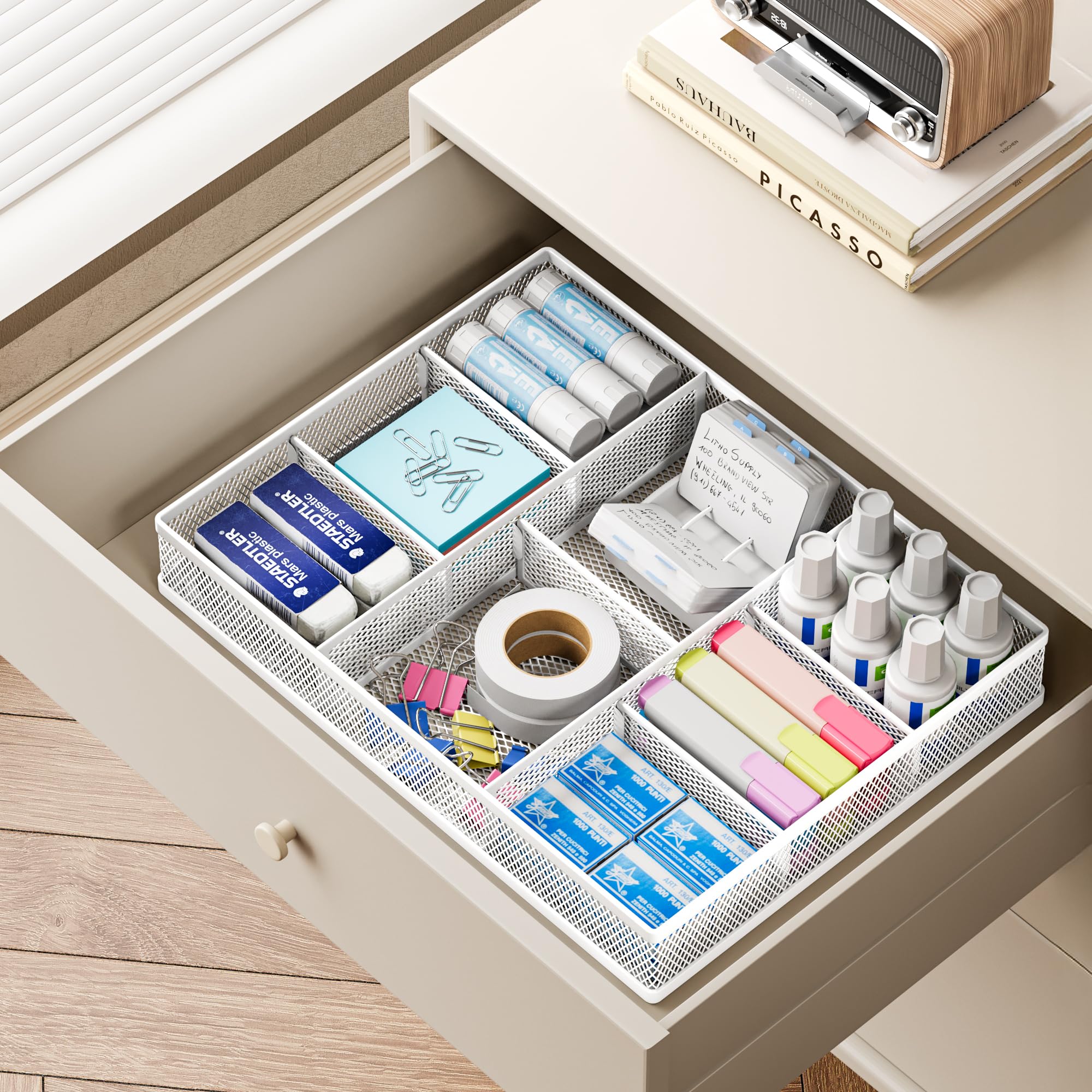 SUBEKYU Mesh Drawer Organizer Tray with 8 Adjustable Compartments, Desk Drawer Organizer for Office and Home, Stationery Storage Pen Holder Tool Tray - White