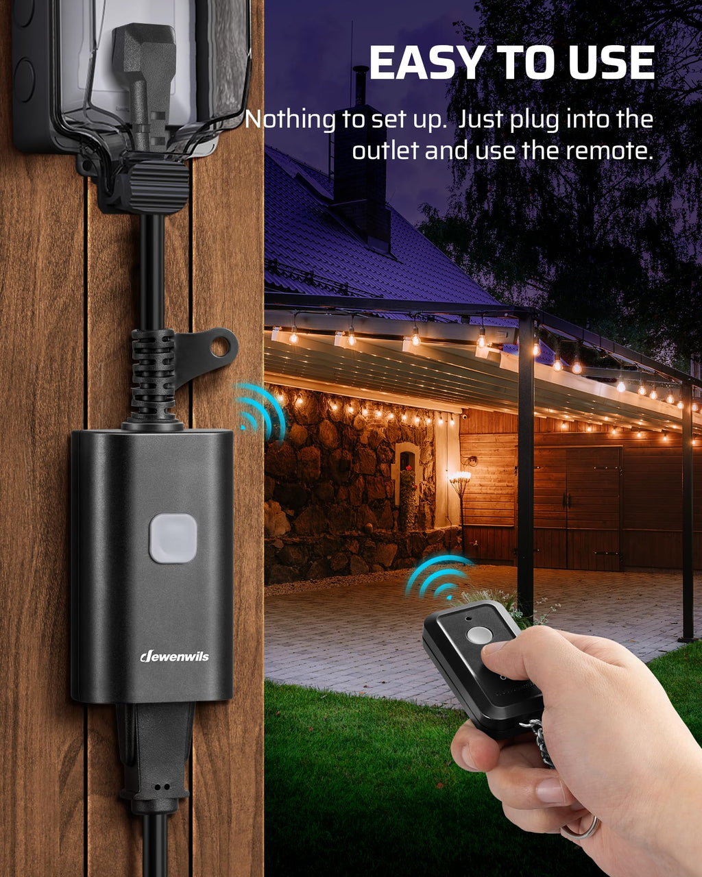 DEWENWILS Outdoor Remote Control Outlet, 15A Wireless Remote Control Switch, 100FT Control Range & 14AWG SJTW Power Cord, Weatherproof for Outdoor Appliances, 1 Remote Control+1 Outlet
