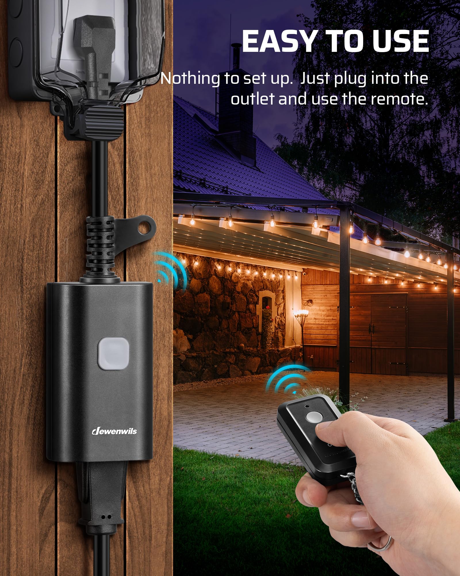 DEWENWILS Outdoor Remote Control Outlet, 15A Wireless Remote Control Switch, 100FT Control Range & 14AWG SJTW Power Cord, Weatherproof for Outdoor Appliances, 1 Remote Control+1 Outlet