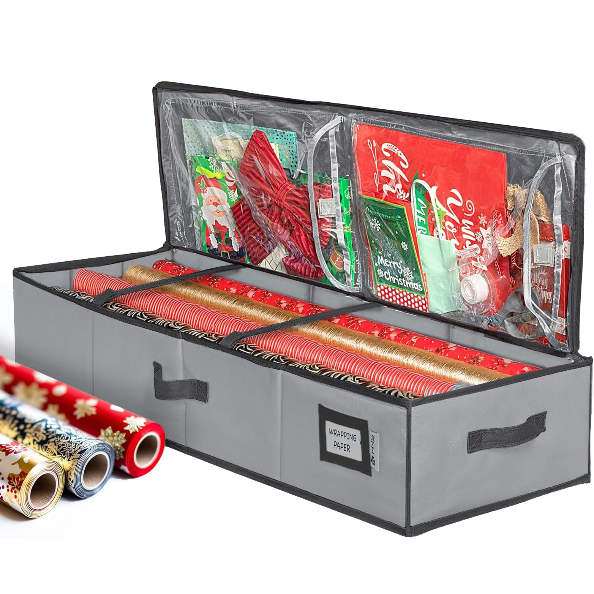Wrapping Paper Storage Container – Fits up to 27 Rolls 1 3/8” Diam. - Underbed Gift Wrap Organizer Bags, Wrapping Paper Rolls, Ribbon, and Bows - Under Bed- Durable Material 600D - Up to 40” Rolls