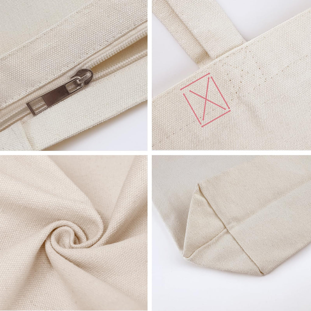 Canvas Tote with Zipper, KOOLMOX 12oz Heavy Duty Canvas Bag with Handles and Zipper & Bottom, Reusable Washable Shopping Bags for Women Groceries, School Teachers, Beige, 3 Packs, 17x13x3.9inch