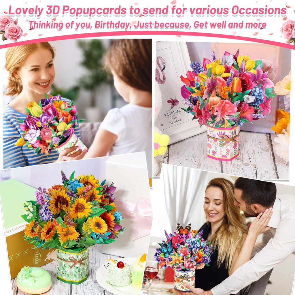 6 Pack Paper Flower Pop Up Cards, Flower Bouquet Card Popup 3D Greeting Cards for Mother's Day, Graduation, Anniversary, Birthday, Congratulations, Get Well, Home Decor, with Envelope and Note