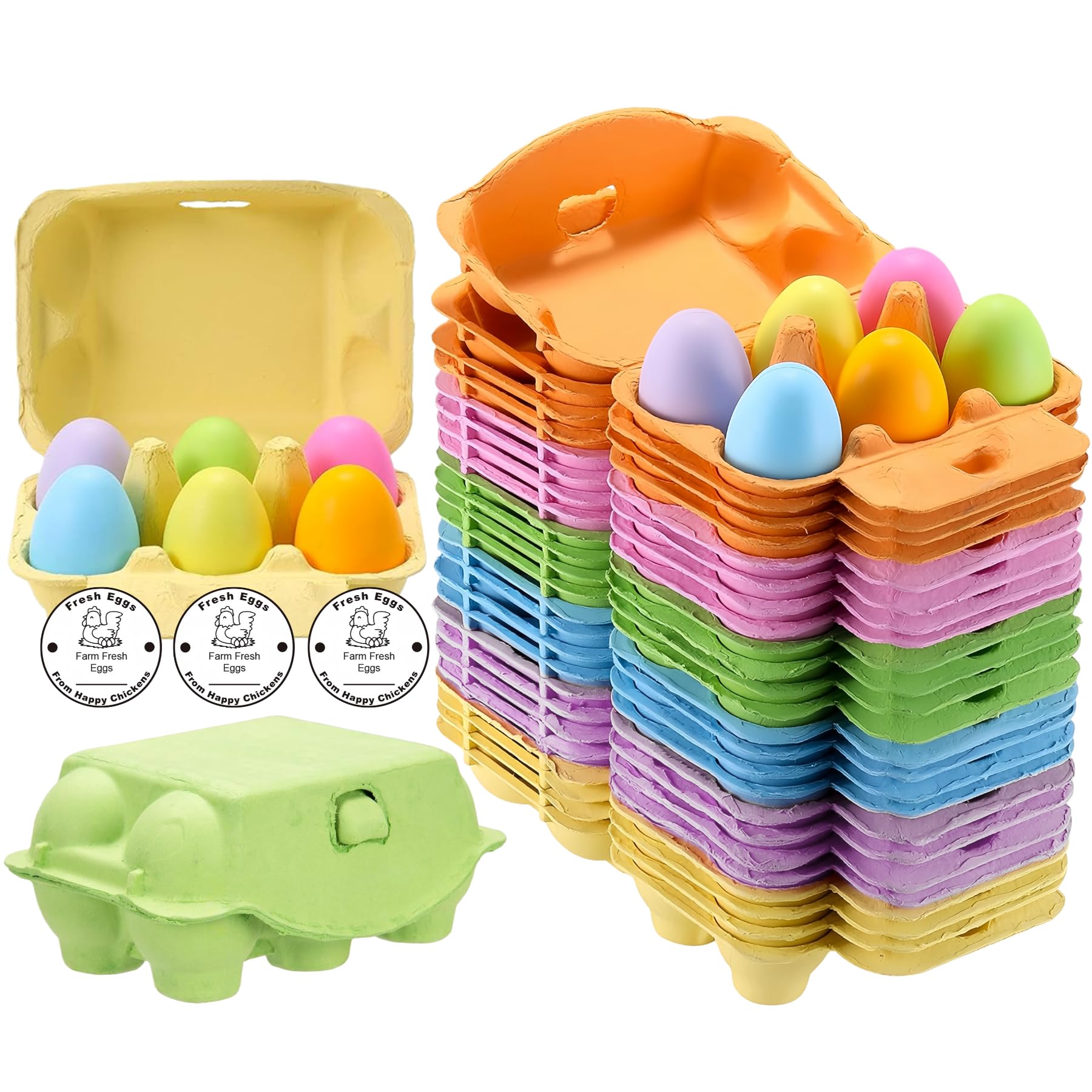 24 Pack Colored Egg Cartons, Half Dozen Pulp Egg Holders for Easter, Reusable Egg Baskets with Labels for Farm, Holds up to 6 Eggs Carton Containers for Easter Decoration, Gifts, Crafts