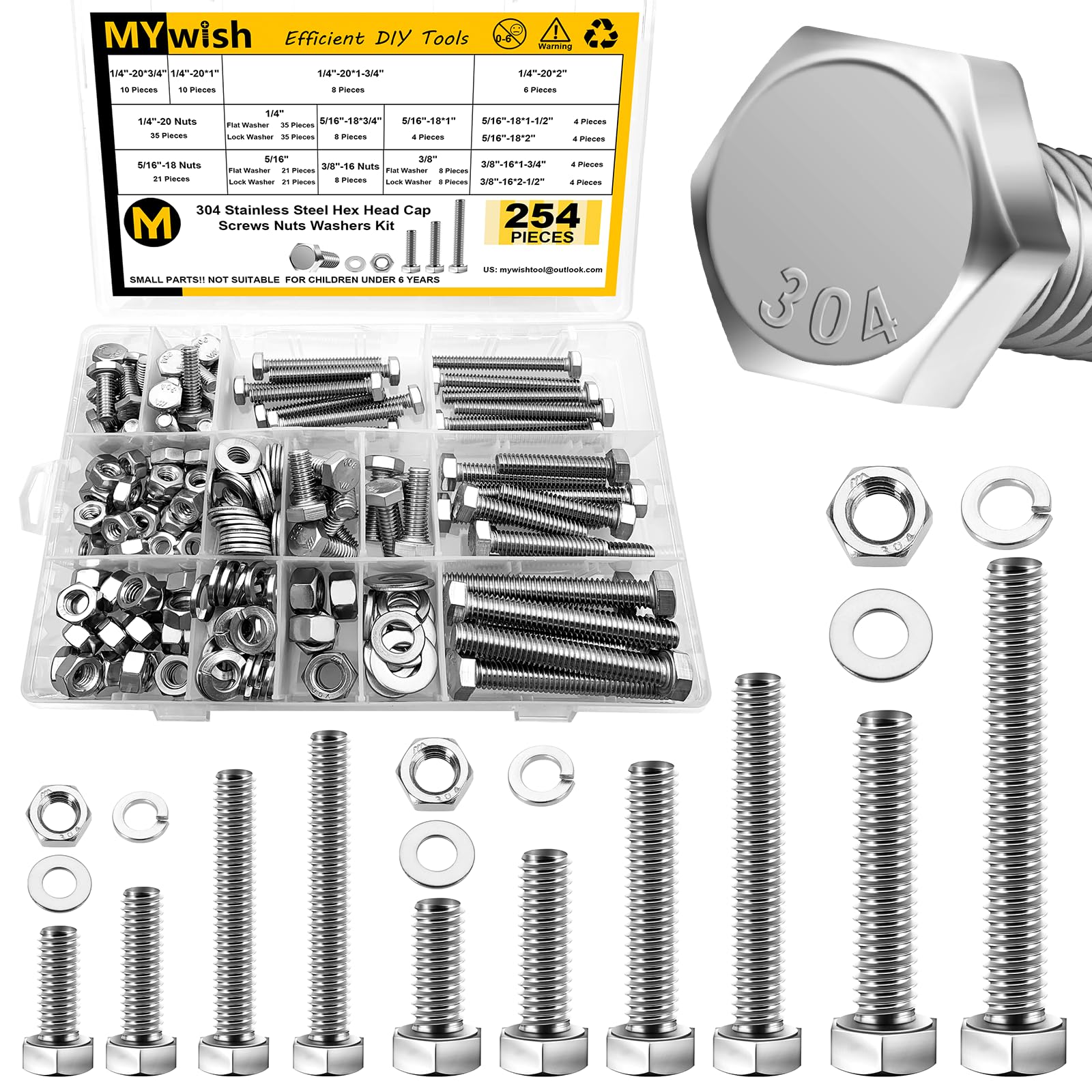 Mywish 254Pcs Bolts and Nuts Assortment, 1/4 20, 5/16 18, 3/8 16 Bolt, Heavy Duty 304 Stainless Steel Bolts and Nuts Kit with Flat Spring Washers, Includes 10 Common Sizes, Fully Threaded
