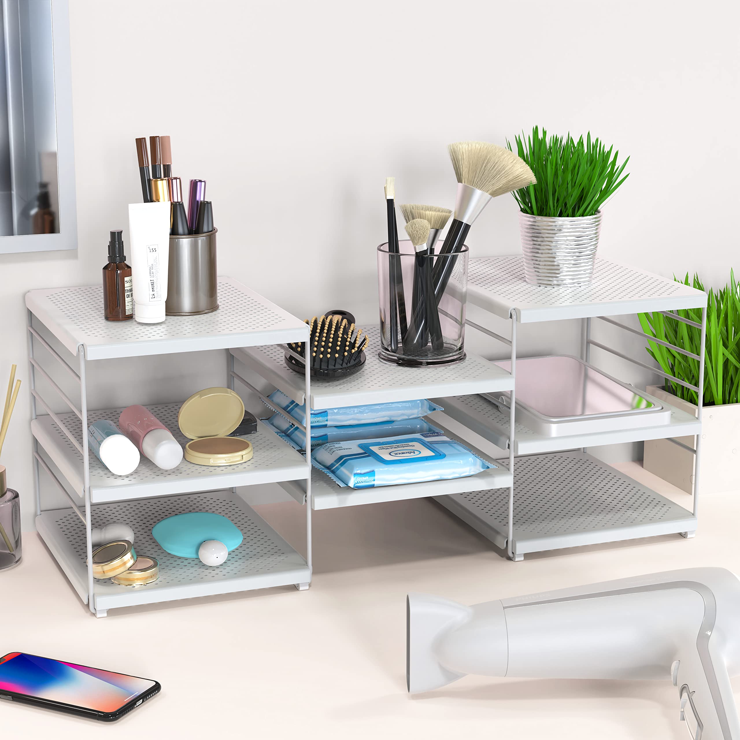 Simple Houseware Expandable Counter Shelf Organizer, Adjustable Storage Rack for Kitchen Cabinets, Pantry, or Desktop Accessories, 9.5" D x 23" W x 9.25" H, White