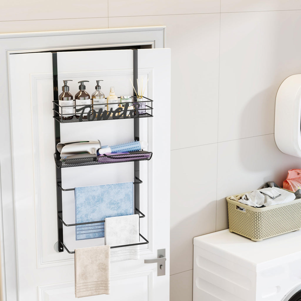 SWTYMIKI Towel Rack for Bathroom - 5 Tier Over Door The Towel Rack Wall Mounted with Metal Shelf, Over Door Towel Holder, Space-Saving Bathroom Storage, Multi-Functional Bathroom Accessories, Black
