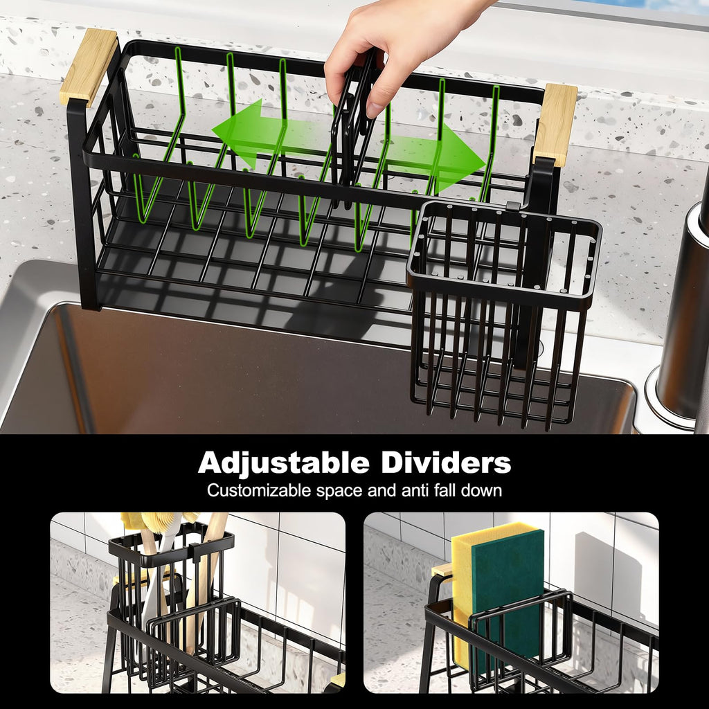 Housolution Sponge Holder for Kitchen Sink, 2-Tier Sink Caddy Organizer with Flexible High Brush Holder, Kitchen Countertop Storage Accessories, Soap Dispenser Organizer, Rustproof