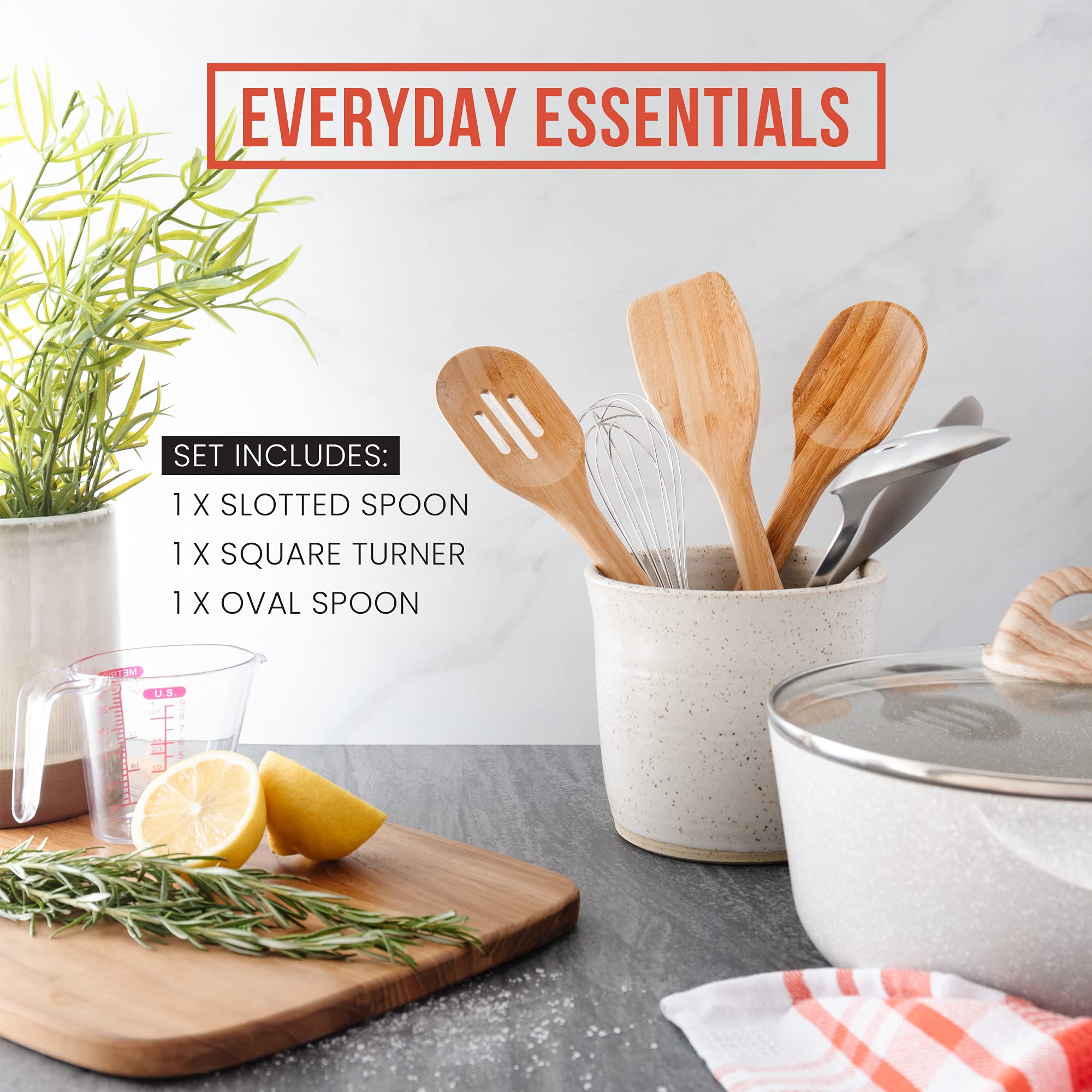 Chef Pomodoro Wooden Cooking Utensils Set 3-Piece, Bamboo | Large 12.5-Inch Wooden Spoons for Cooking, Spatula, Slotted Spoon | Pan Kitchen Frying Set
