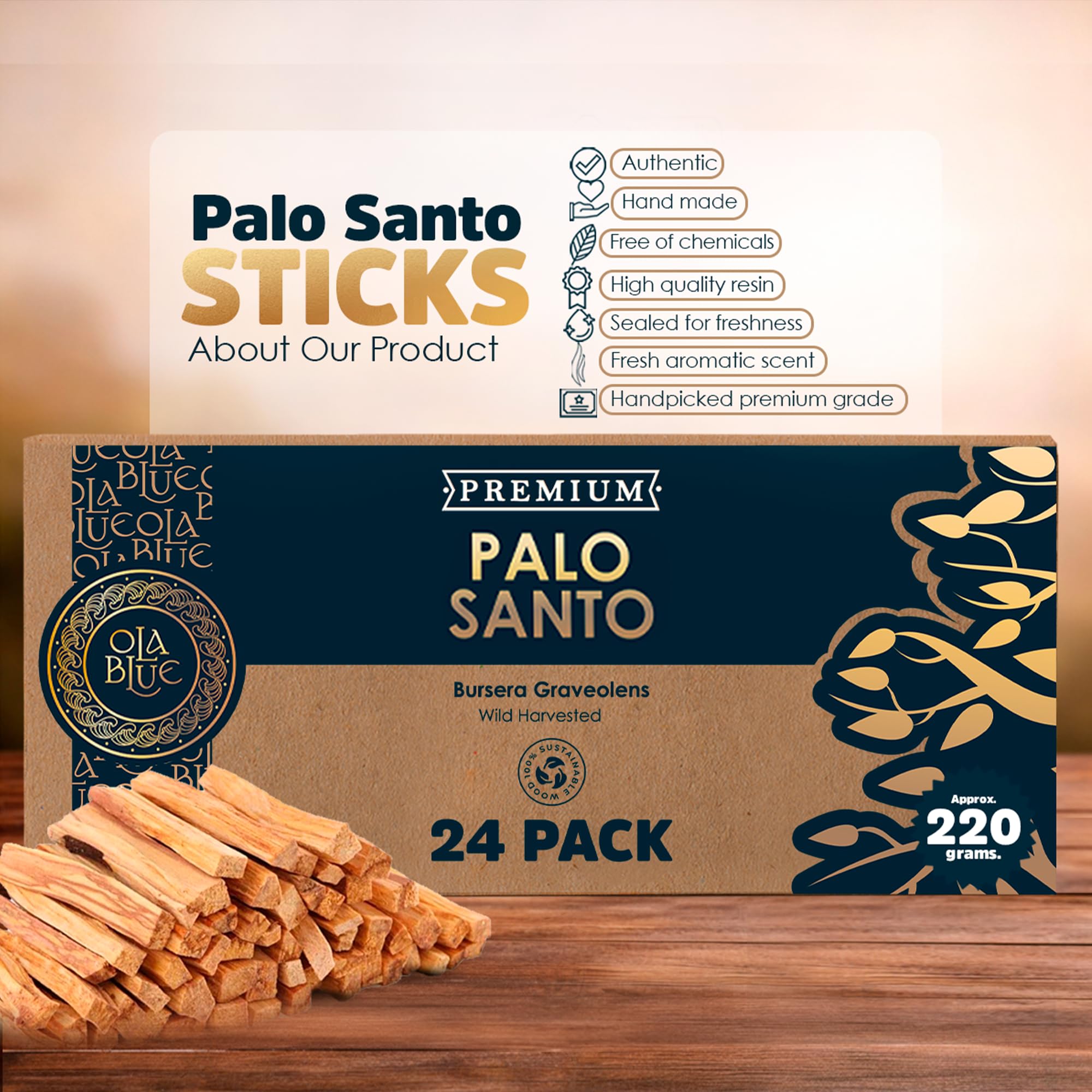 Ola Blue Palo Santo Smudging Sticks – 24 Pack (8 oz / 220 g) | Natural Palo Santo Incense Sticks from Peru | Resin-Rich Aromatic Sticks for Smudging & Meditation