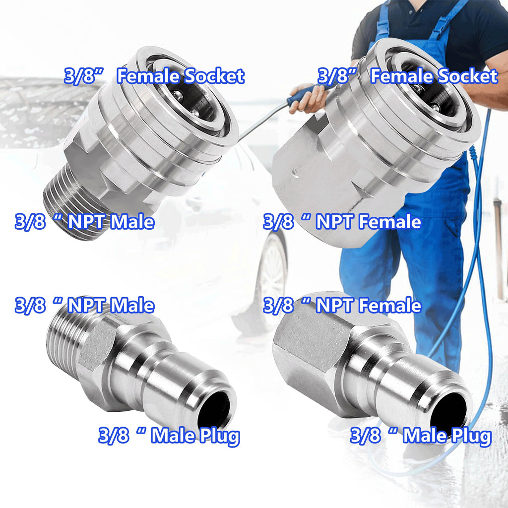 RIDGE WASHER Quick Connect 3/8 Inch Pressure Washer Adapter Set, Stainless Steel Fittings, Female and Male NPT Thread, 4 Pcs