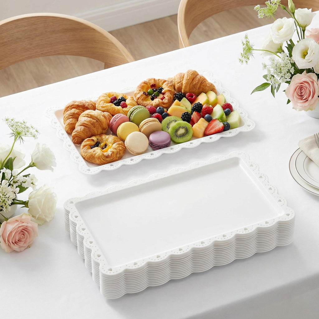 Peohud 12 Pack White Plastic Serving Food Tray, Disposable Serving Platters with Lace Rim, Rectangle Food Trays, Disposable Serving Platters and Trays for Party, Wedding, Restaurant, 14.4" x 9.3"