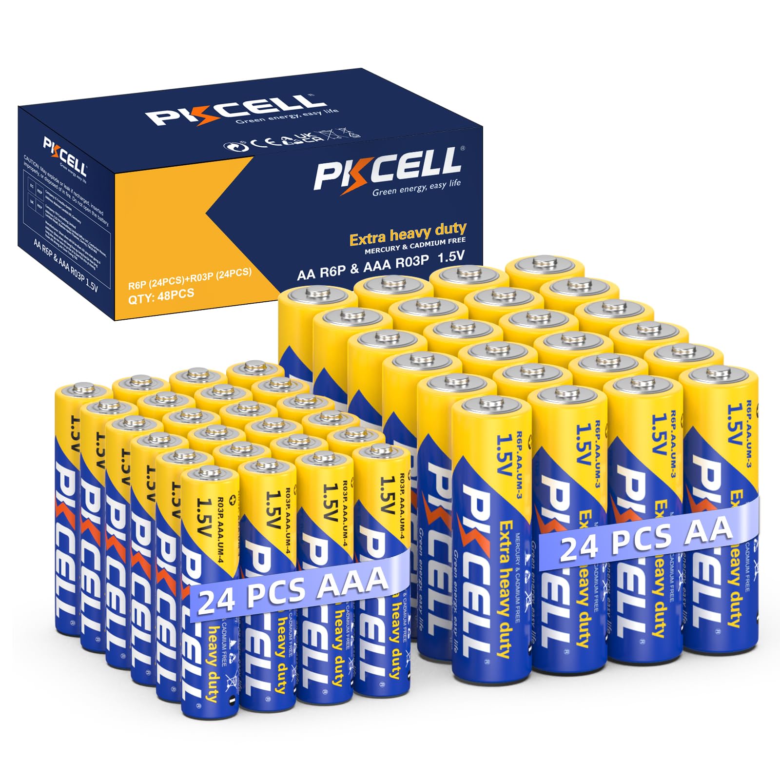 AAA Batteries and AA Batteries 48-Count Combo Pack,Include 24 AAA R03P+24 AA R6P Battery,1.5V Carbon Battery for Wireless Mouse Clock Remote Controls Flashlights (48-Count)