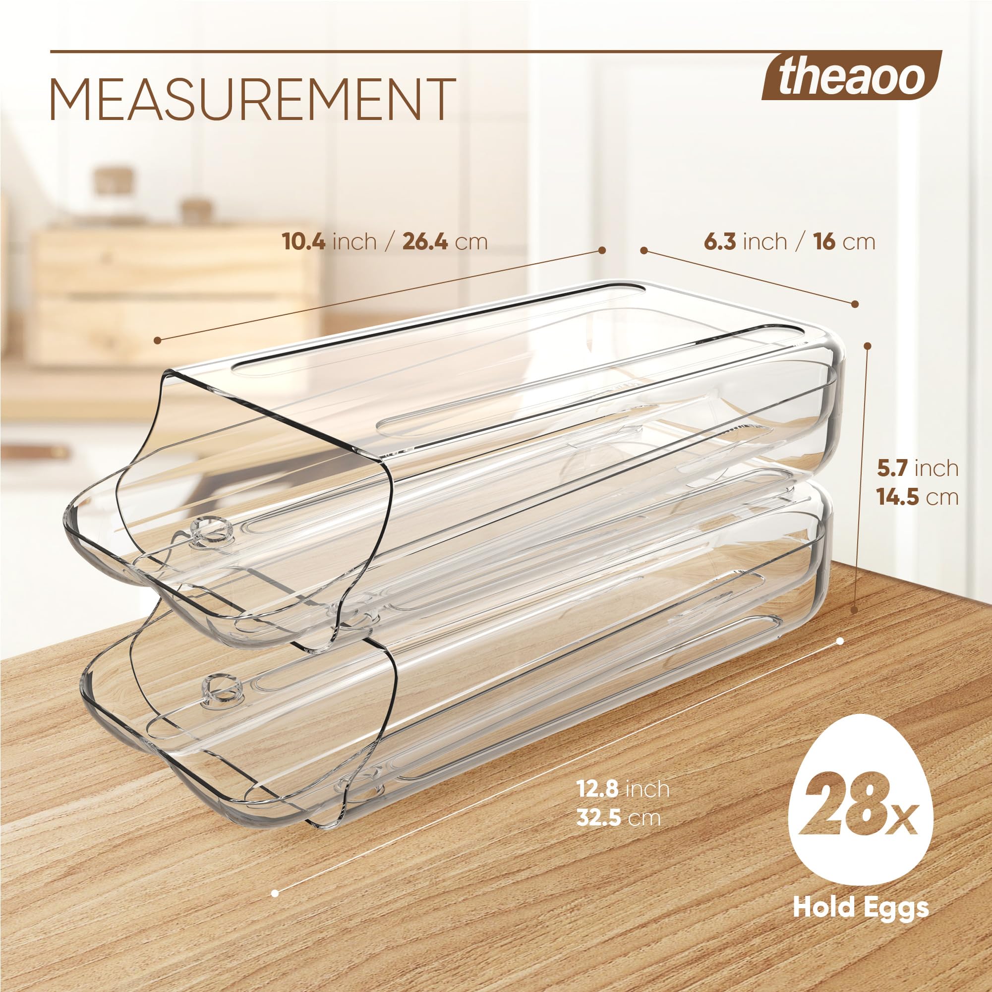 theaoo Egg Holder for Fridge, Automatic Rolling Egg Container for Refrigerator, Clear Plastic Egg Dispenser, Stackable Eggs Organizer with Quick Removable inner Tray For Organizers and Storage, 2 Pack