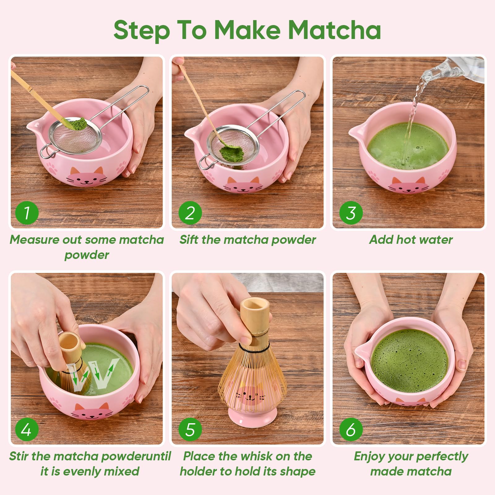Vanmiya Matcha Whisk Set, 8Pcs Matcha Set for Ceremony, Matcha Kit, Matcha Whisk and Ceramic Bowl with Matcha Scoop & Sifter and All Accessories for Breakfast, Afternoon Tea, Gift for Matcha Lovers