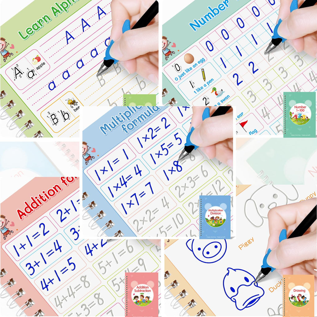 Magic Ink Practice Copybooks for Kids, Reusable Grooved Handwriting Training Workbooks for Preschools, Grooves Design Pen Control Tools, Early Childhood Education Materials (20cmX14cm, 5 Books)