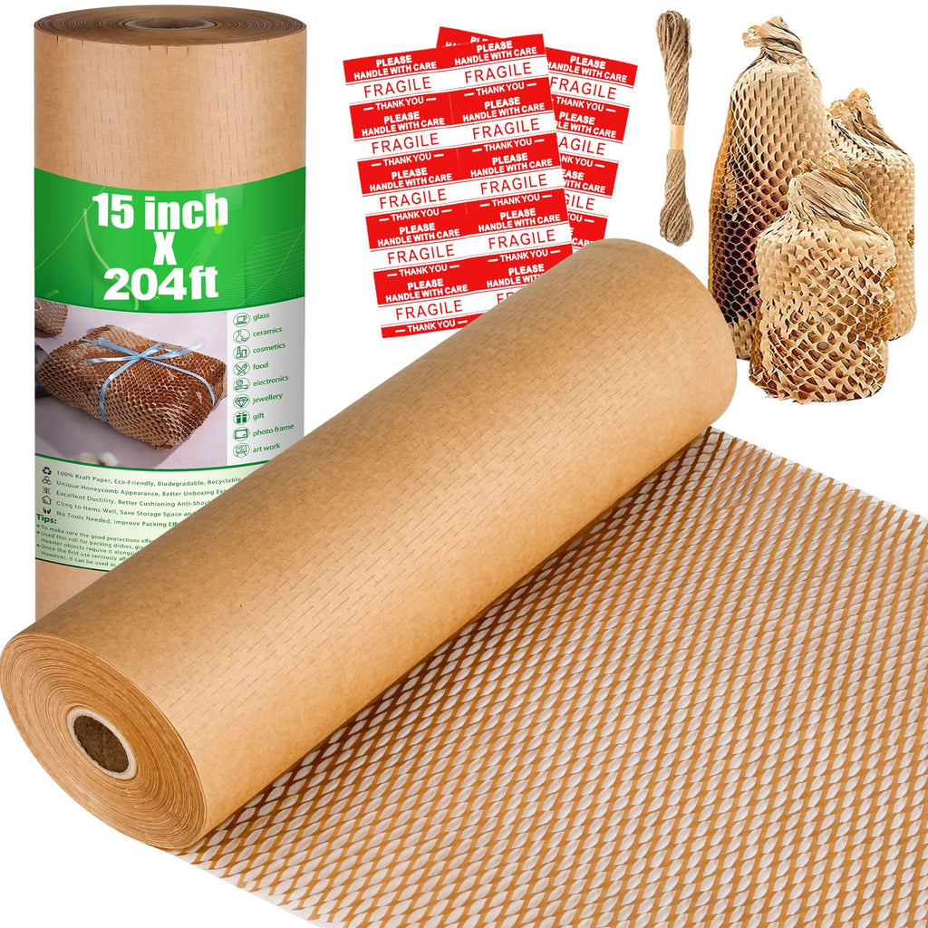 Honeycomb Packing Paper, 204' x 15" Recyclable Cushion Packing Paper for Moving Shipping Packaging Breakables, Eco Friendly Bubble Wrap Alternative Roll Kraft Honeycomb Paper with 20 Fragile Stickers