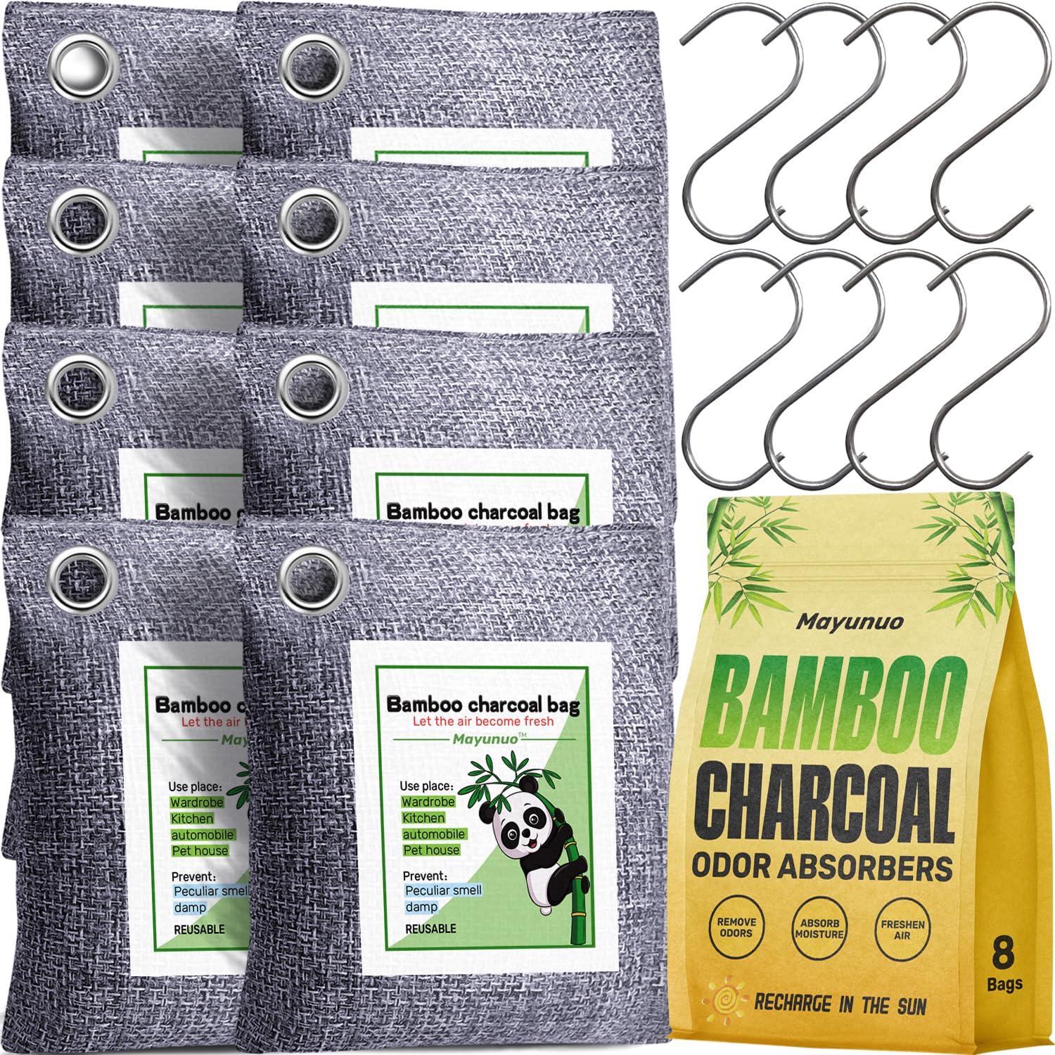 Mayunuo Activated Charcoal Odor Absorber for Strong Odor in Basement, Cars, Closets, Smoke, Shoes. 8 Pack Bamboo Charcoal Air Purifying Bags Deodorizer Odor Eliminator for Home