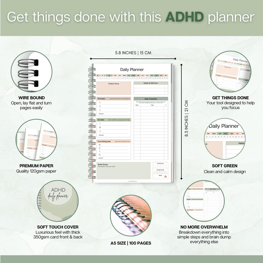 ADHD Daily Planner for Neurodigenic Adults, Daily Productivity Planner and Task Management to Stay Organized and Focused (Green)