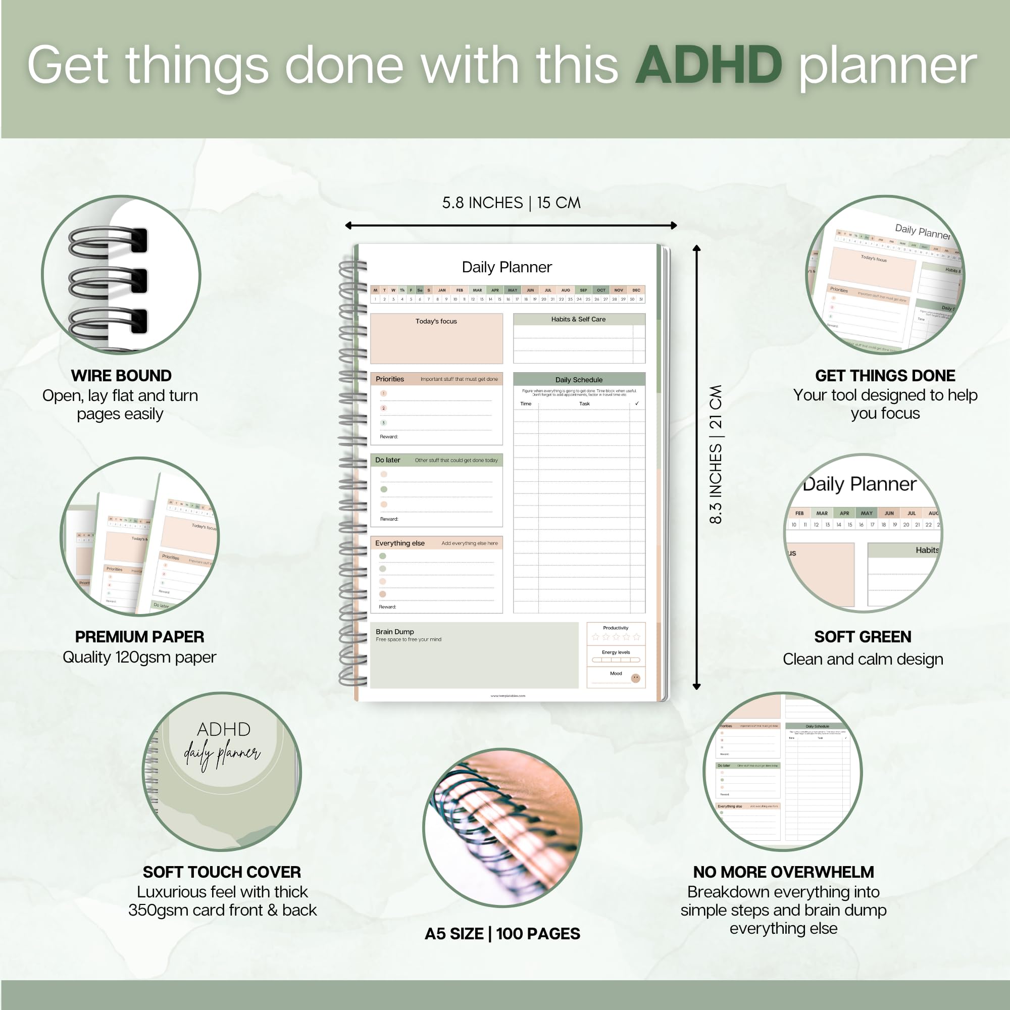 ADHD Daily Planner for Neurodigenic Adults, Daily Productivity Planner and Task Management to Stay Organized and Focused (Green)
