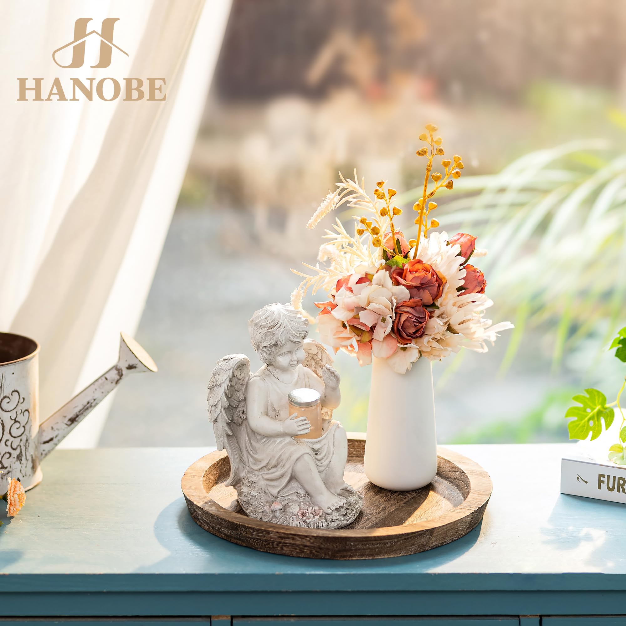 Hanobe Rustic Wooden Serving Tray: Round Wood Butler Decorative Tray Vintage Centerpiece Candle Holder Trays Farmhouse Ottoman Tray for Kitchen Countertop Home Decor for Coffee Table