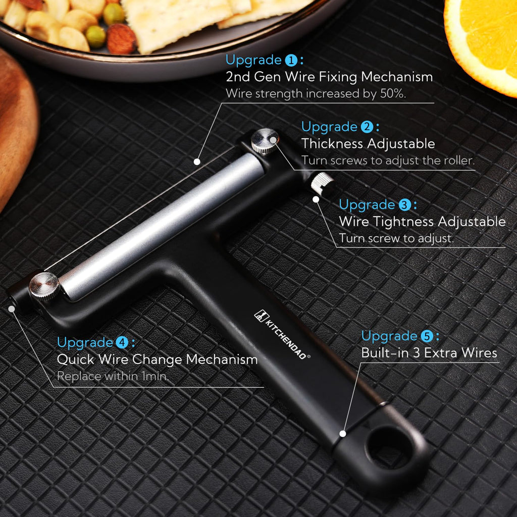 KITCHENDAO Adjustable Wire Cheese Slicer Cutter, 50% Stronger Wires with 2nd Gen Wire Fixing Mechanism, Adjustable Hand-Held Cheese Cutter, Quick Replacement, Dishwasher Safe, with 3 Extra Wires