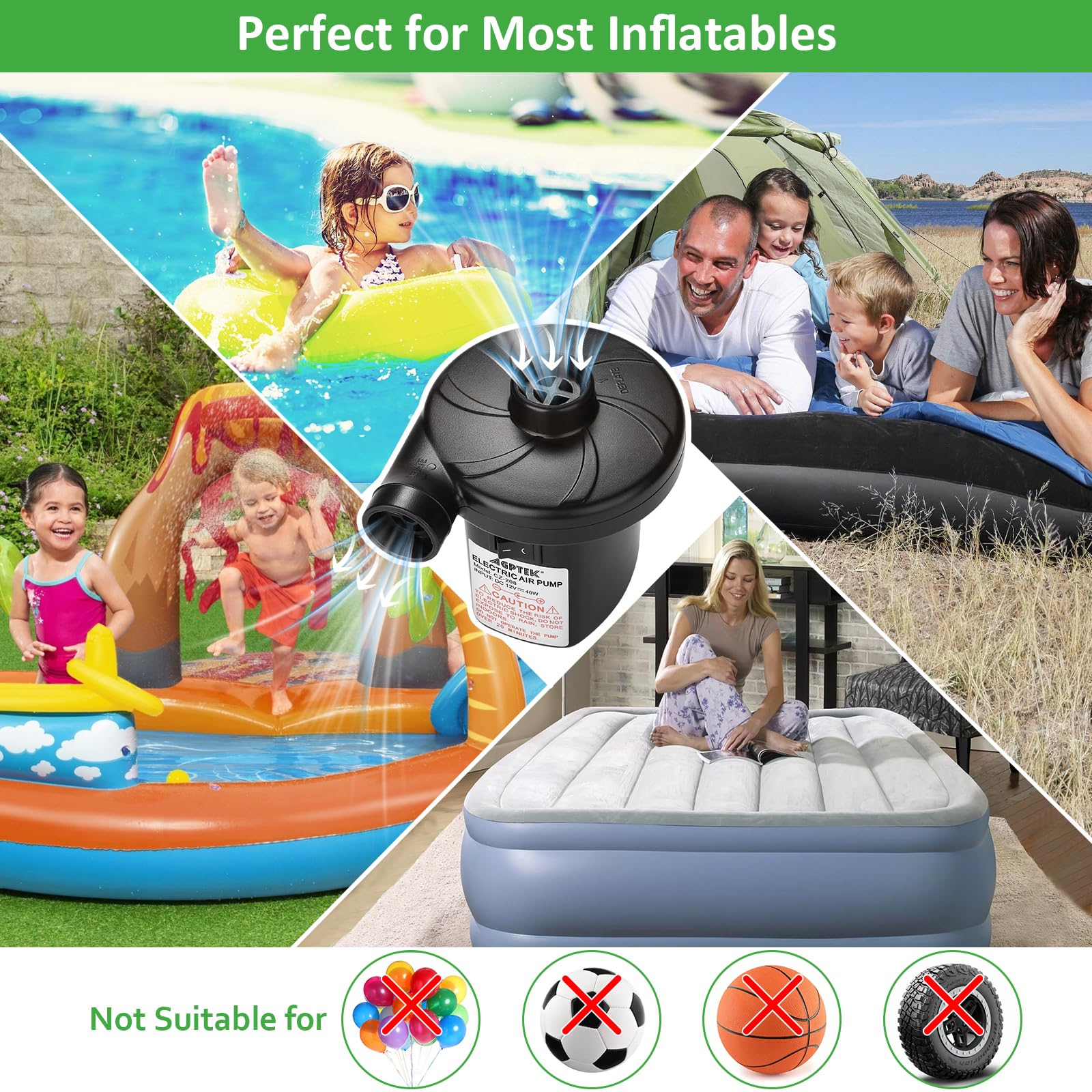 Electric Air Pump, AGPtEK Portable Quick-Fill Air Pump with 3 Nozzles, 4500 Pa 110V AC/12V DC, Perfect Inflator/Deflator Pumps for Outdoor Camping, Inflatable Cushions, Air Mattress Bed, Swimming Ring