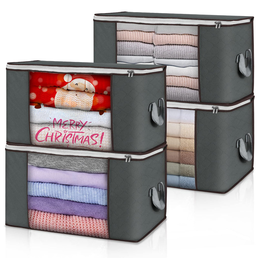 Large Storage Bags 4 Pack Clothes Storage Bins Foldable Closet Organizers Storage Containers with Sturdy Handles Thick Fabric for Blanket Comforter Clothing Bedding 90 L (Gray)