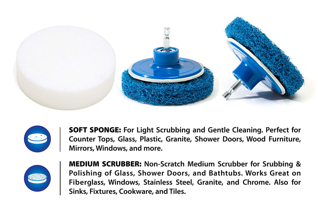 RevoClean 4 Piece Scrub Brush Power Drill Attachments-All Purpose Time Saving Kit-Perfect for Cleaning Grout, Tile, Counter, Shower, Grill, Floor, Kitchen, Blue & White