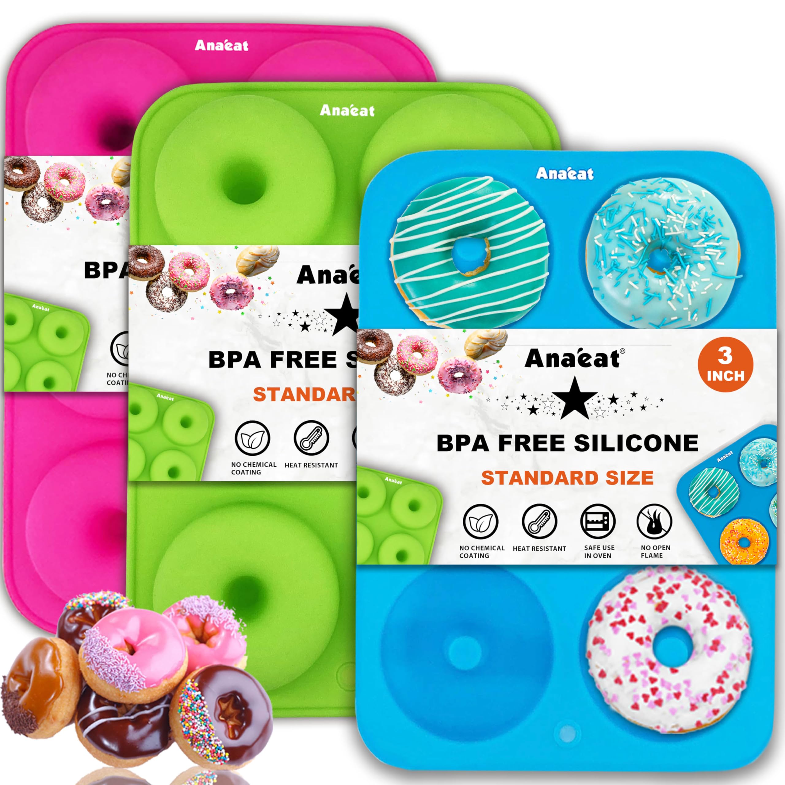Anaeat 3 Pack Donut Pan Silicone Baking Mold, Just Pop Out! Non-Stick Doughnuts Baking Pans for 6 Full-Size Donuts, Muffins, Cake Biscuit Bagels - Easy Clean, Oven, Dishwasher Safe(Multicolor)
