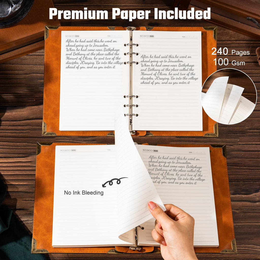 Ovesmusl PU Leather A5 Binder 6 Ring Refillable Journal 100 GSM 240 Pages Refill Paper Include A5 Planner Binder Loose Leaf Binder Notebook 5.7”x8.3”, Brown Tree