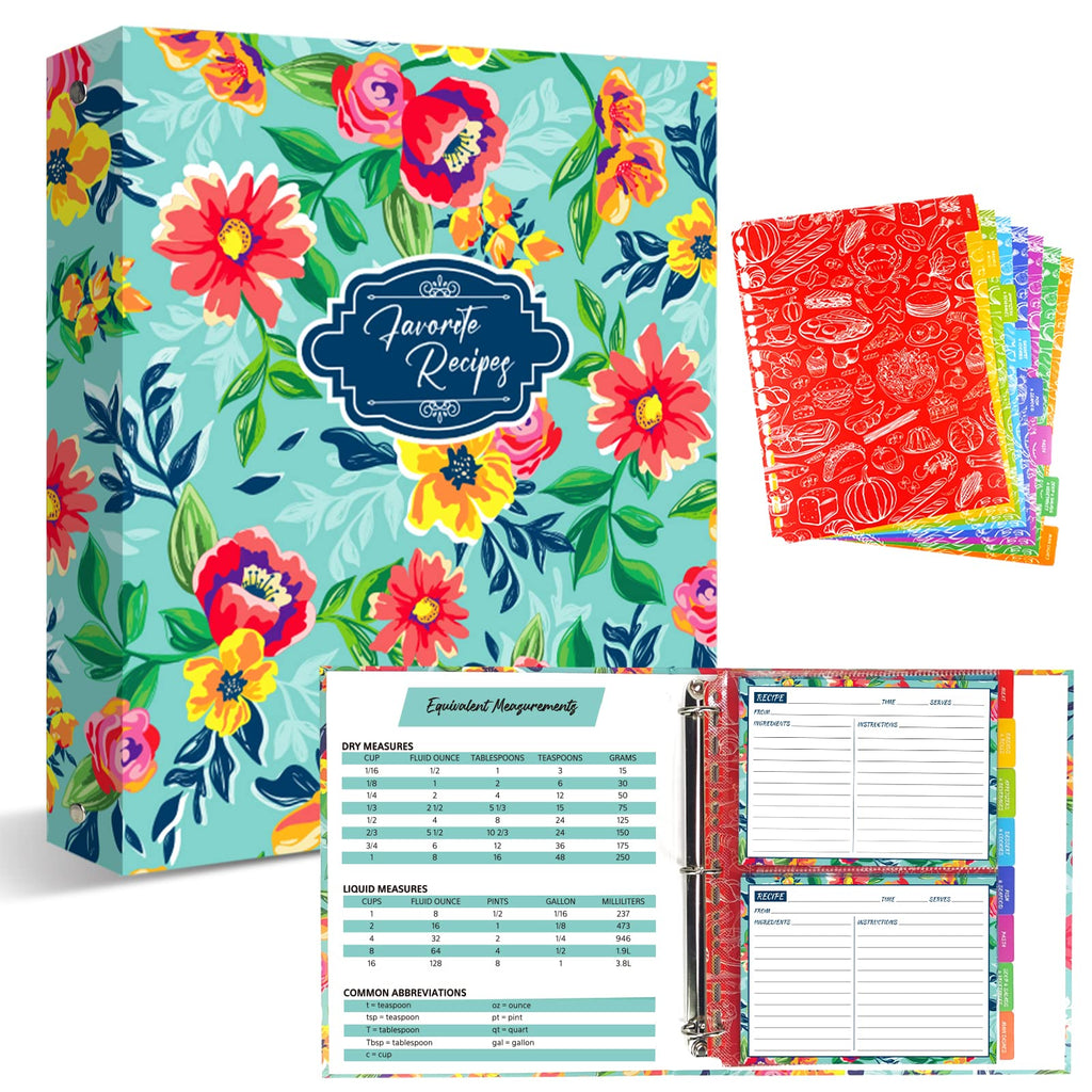 KiDEPOCH Recipe Binder Kit, 8.5 x 11 inch, 3 Ring Binder with 50 Plastic Sleeves, 100 Recipe Cards, 8 Dividers, Watercolor Floral Blue Design (XL)