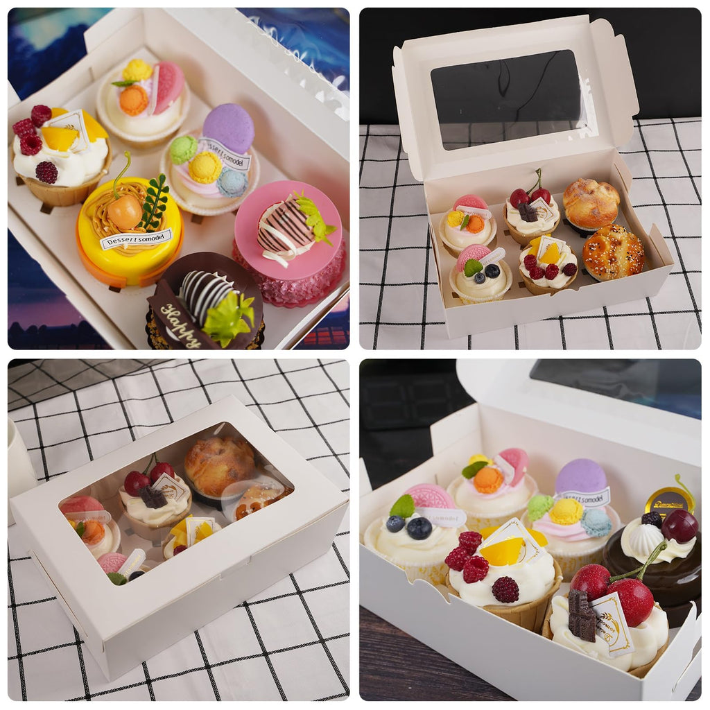 TATAPO 60 Pack Cupcake Boxes with Inserts, White Kraft Paper Cupcake Box with Window Hold 6 Standard Cupcakes, Bakery Cake Pastry Holder with Ribbon for Cookie Muffins Pastry