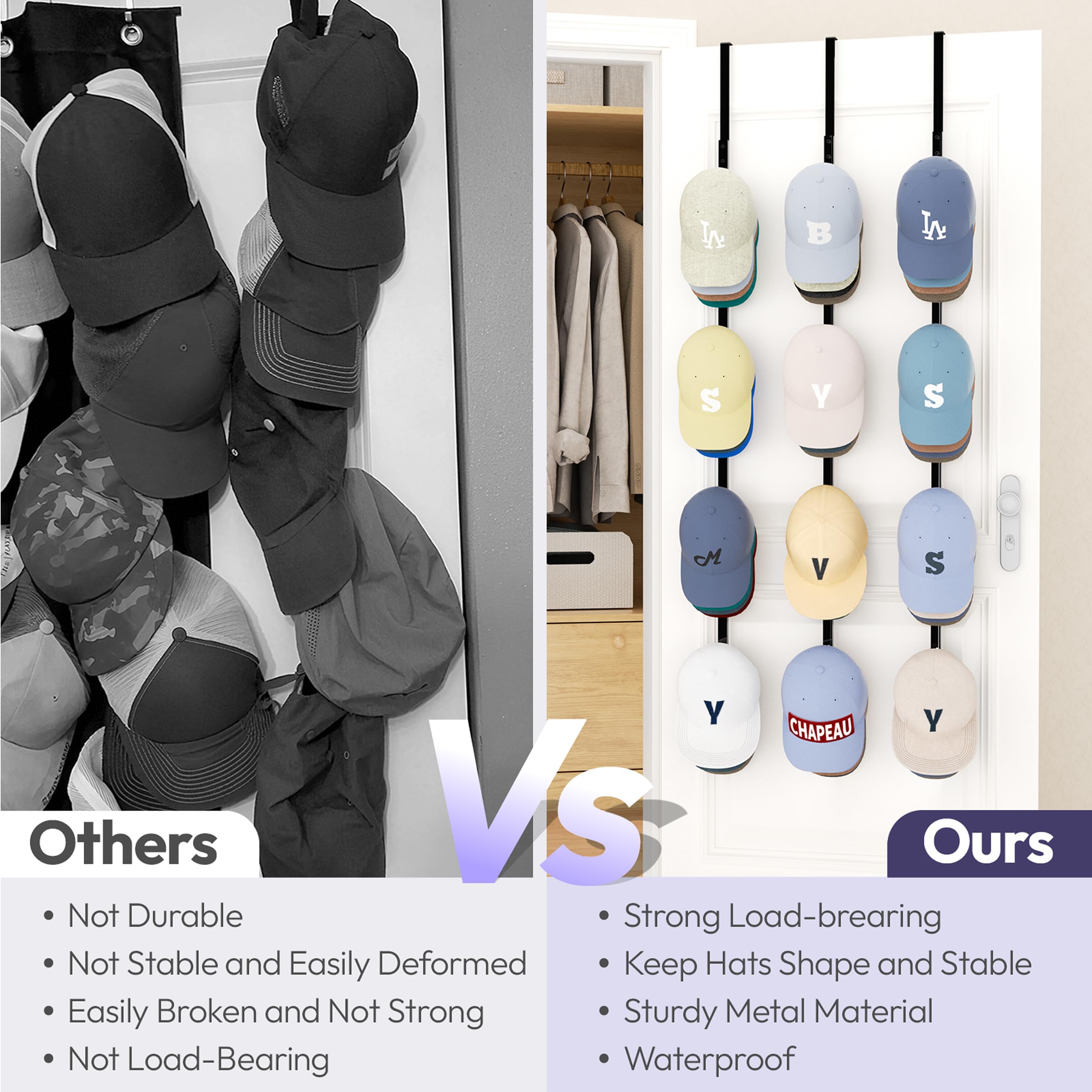 SWTYMIKI Over Door Hat Organizer - 3 Packs Metal Hanging Hat Rack with 12 Hooks Design, Hat Racks for Baseball Caps Hanger Organizer Storage Holds up to 60 Caps for Door, Bedroom, Closet
