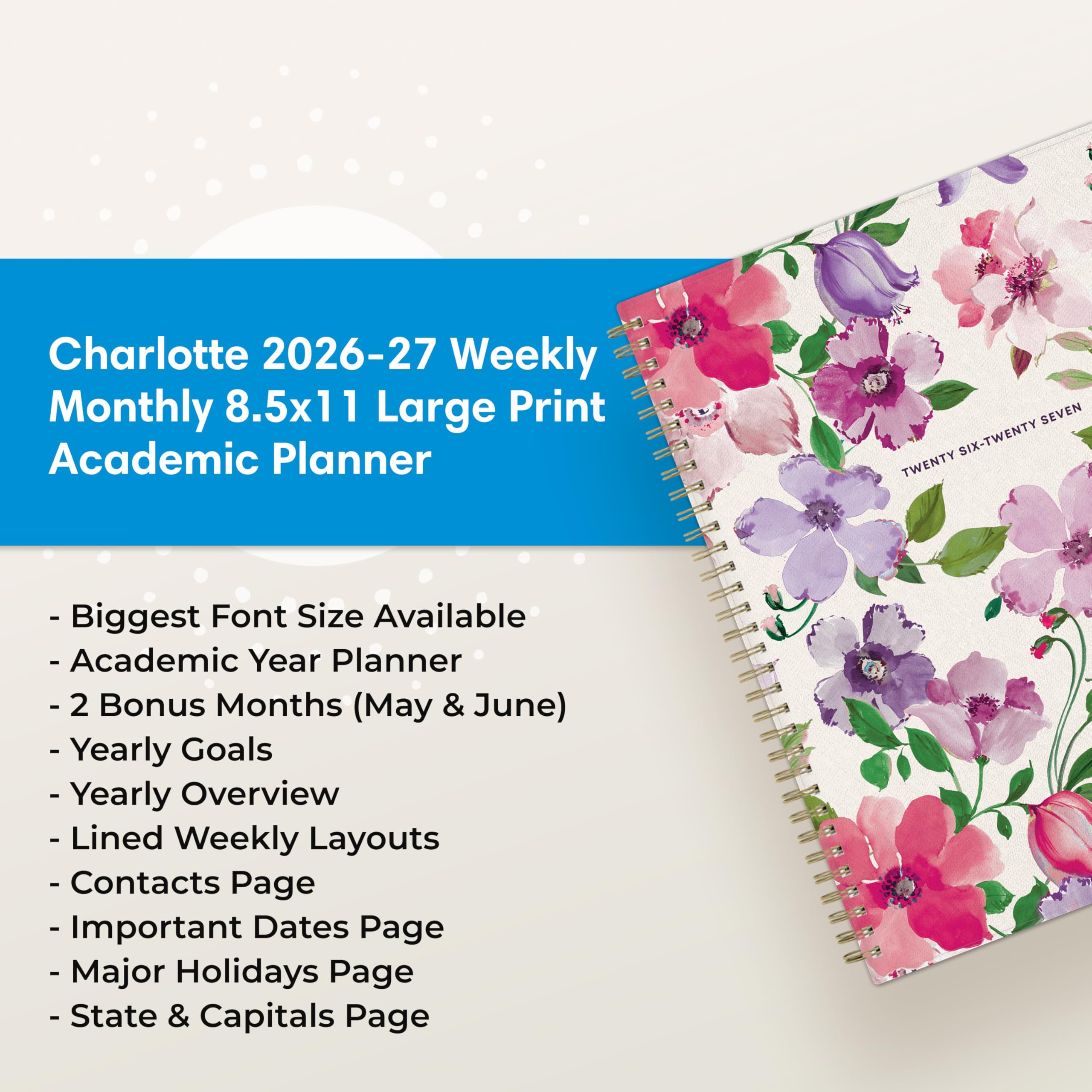 Blue Sky 2026-2027 Large Print Weekly and Monthly Academic Year Planner Calendar, July 2026 - June 2027, 8.5" x 11", Flexible Cover, Wirebound, Storage Pocket, Laminated Tabs, Charlotte