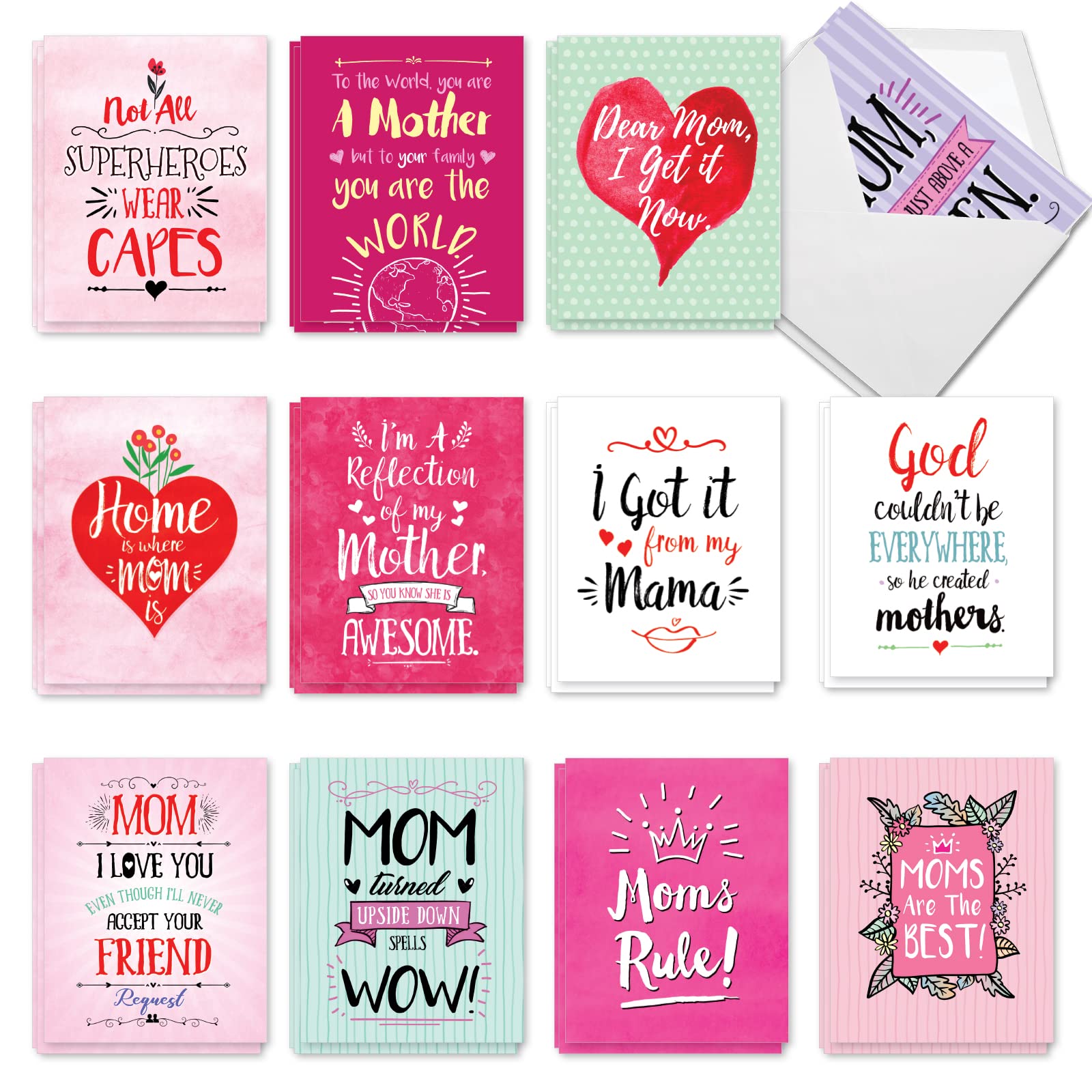 The Best Card Company 36 Assorted Mother's Day Notecards Bulk Box Set 4 x 5.12 Inch w/Envelopes (12 Designs, 3 Each) Greeting Card Pack for Daughter, Girlfriends - Mom Notes AM3138MDG-B3x12