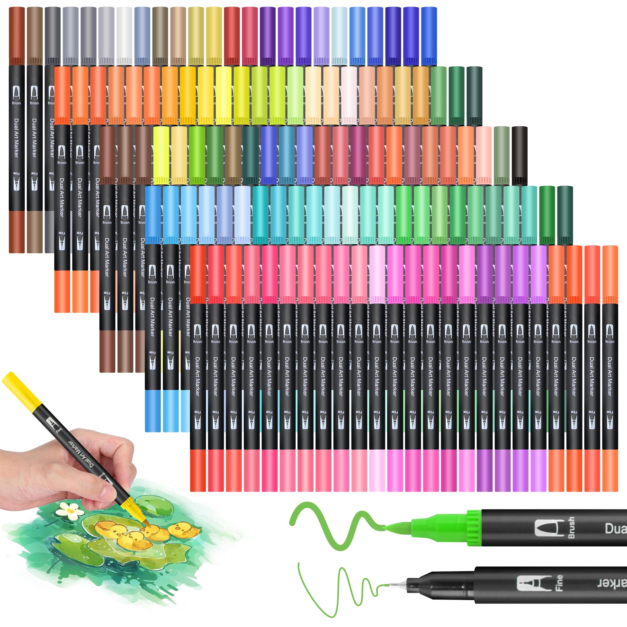 Art Markers Dual Brush Pens - 120 Colors Fine&Brush Dual Tip Water-Based Markers for Adult Coloring Books No Bleeding Drawing Pens for Calligraphy, Journaling, Sketching, Lettering, Kids Artists Gifts