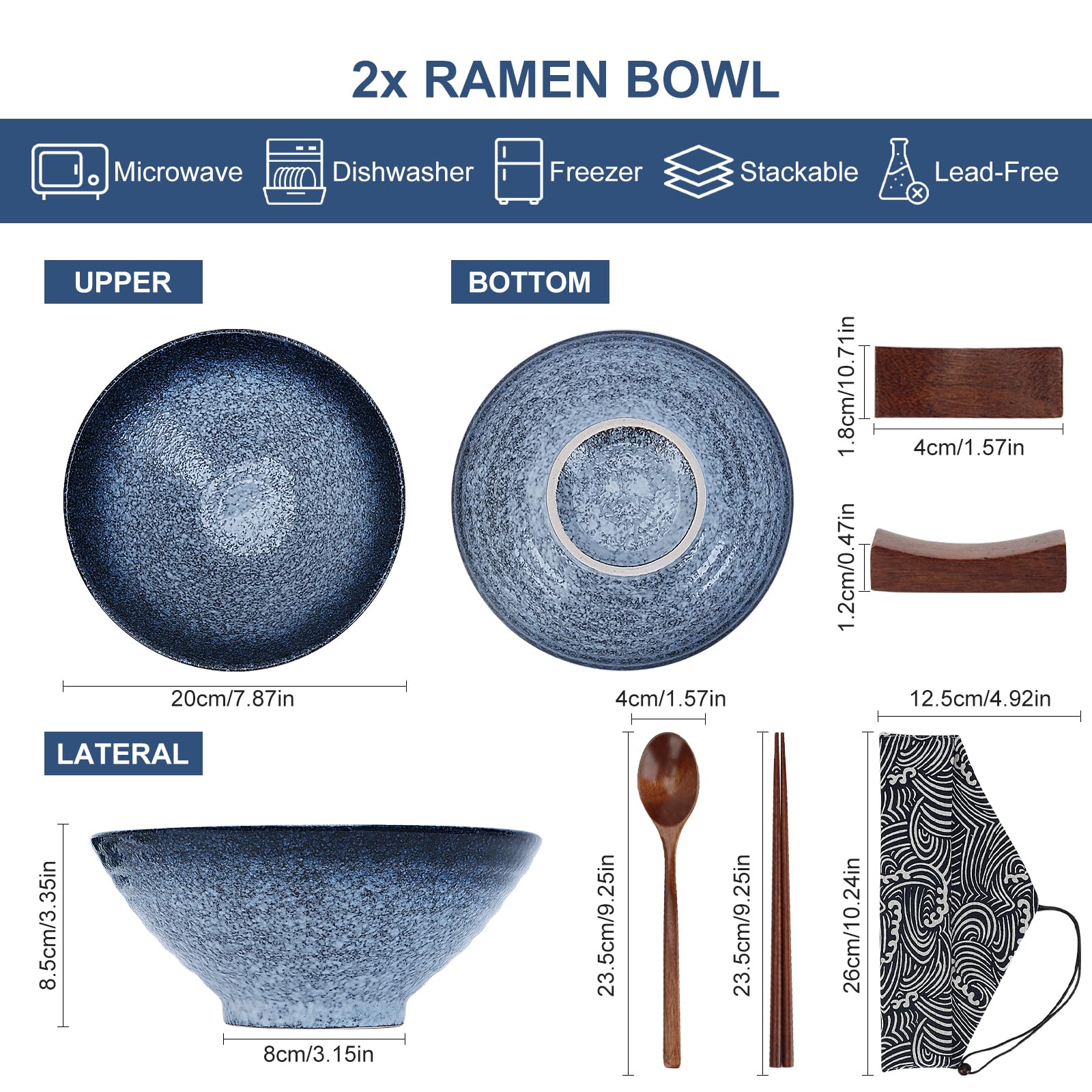 Ceramic Ramen Bowl Set of 2,35.5oz Japanese Ramen Bowls Soup Bowls Set with Spoon and Chopsticks and Chopstick Holders for Udon Soba Pho Asian Noodles (Blue-Grey)