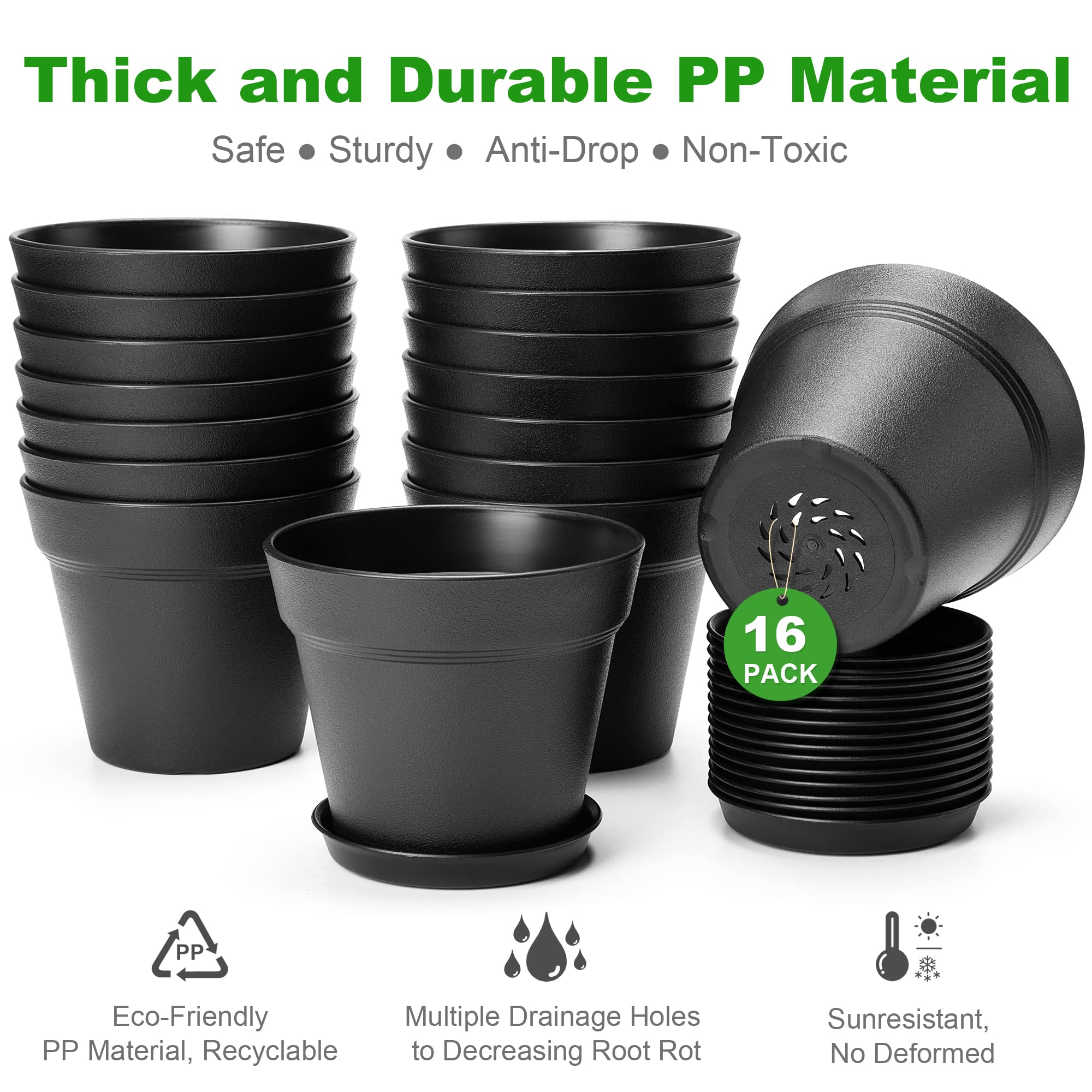 FHWTY 4 inch Plastic Plant Pots with Drainage Holes and Tray, 16 Pack Thickened Indoor Planters Seedlings Nursery Pots for Flowers, African Violet, Succulent and All House Plants, Black