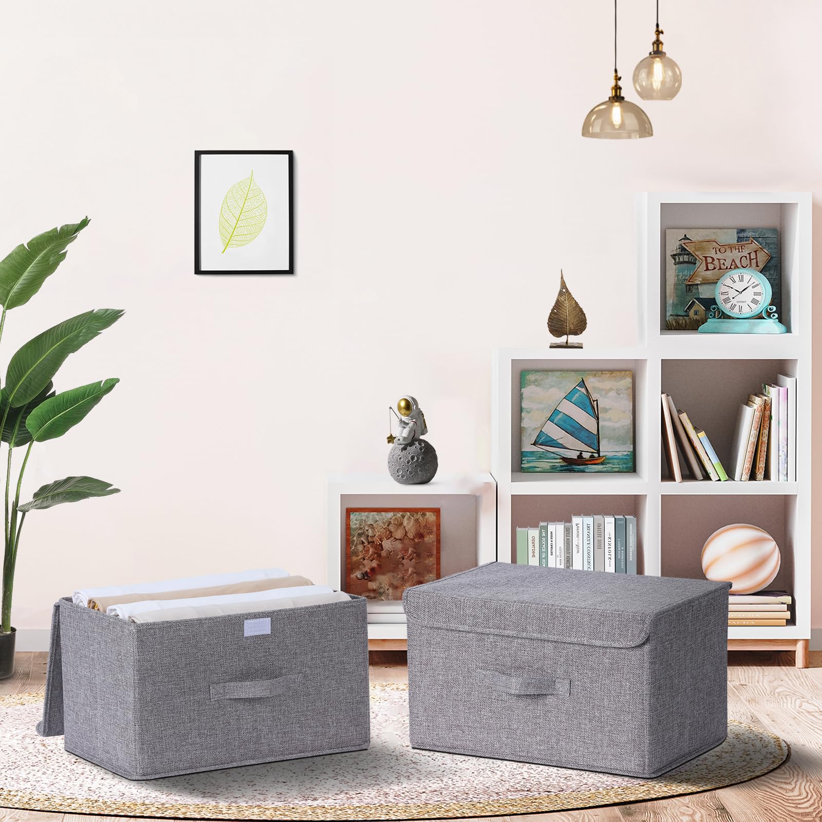 DIMJ Fabric Storage Box with Lid - 2Pcs Closet Storage Bin with Handle Organizer and Storage Foldable Decorative Basket with Lid Storage Containers Clothes,Bedroom, Office(Dark Grey)