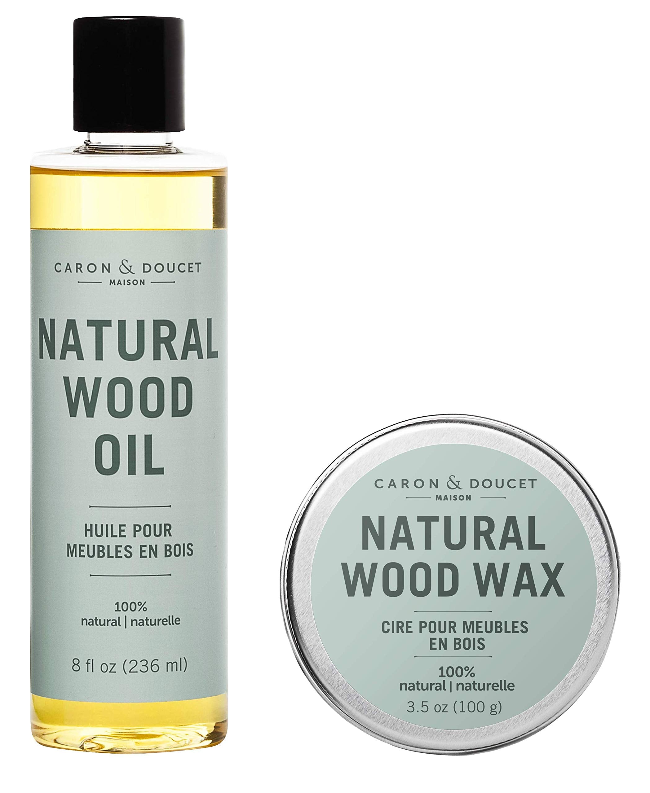 Caron & Doucet - Natural Wood Conditioning Oil and Wax Bundle - 100% Plant Based Wood Conditioning and Polishing Oil - Orange Scented - Suitable for Natural Wood Furniture. (8oz)
