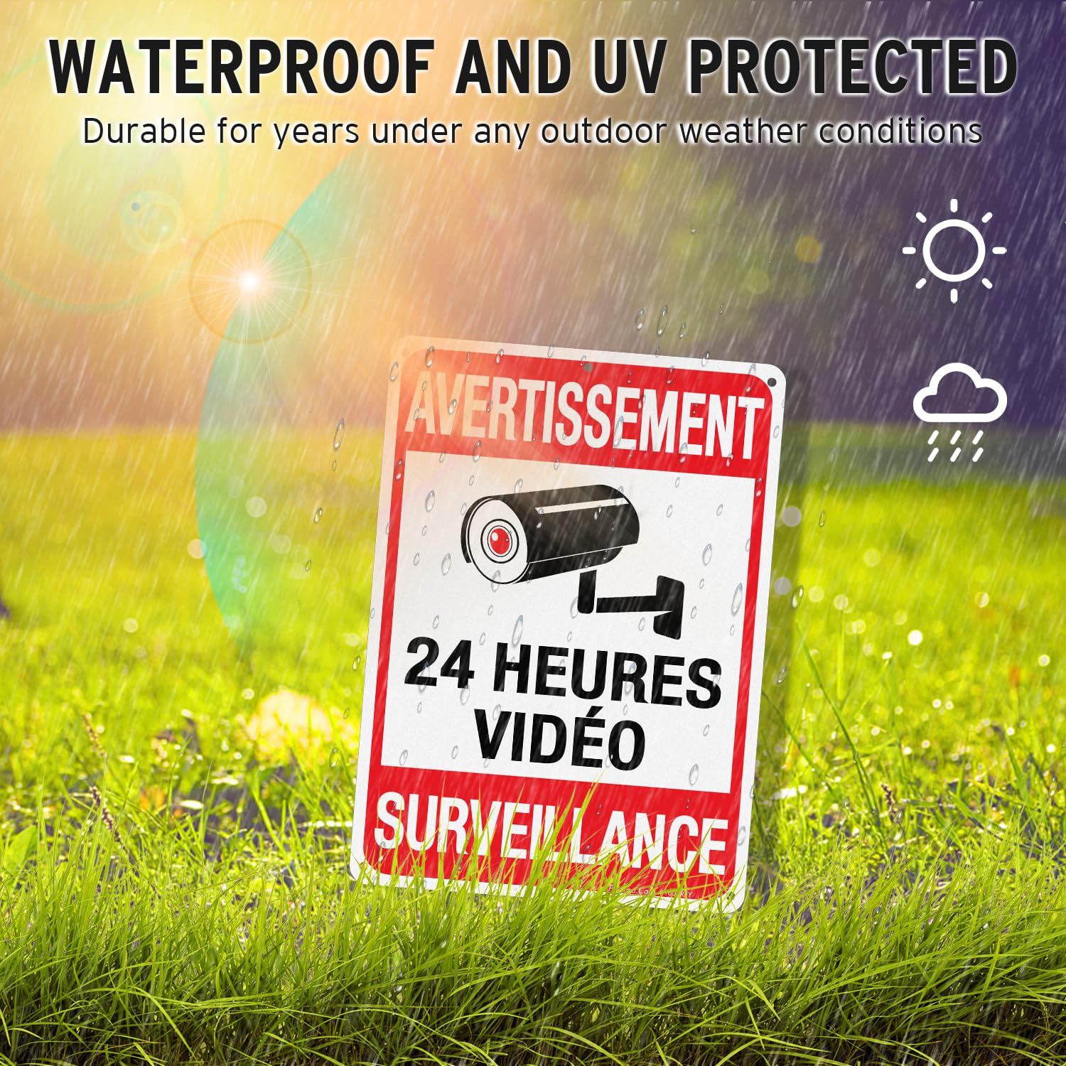 Faittoo 4 Packs de Avertissement 24 Heures Vidéos Signe, 7 Pouces par 10 Pouces, réfléchissant Aluminium. (4 Pack) French Video Surveillance Signs, 7" x 10", Reflective Aluminum, Indoor or Outdoor Use
