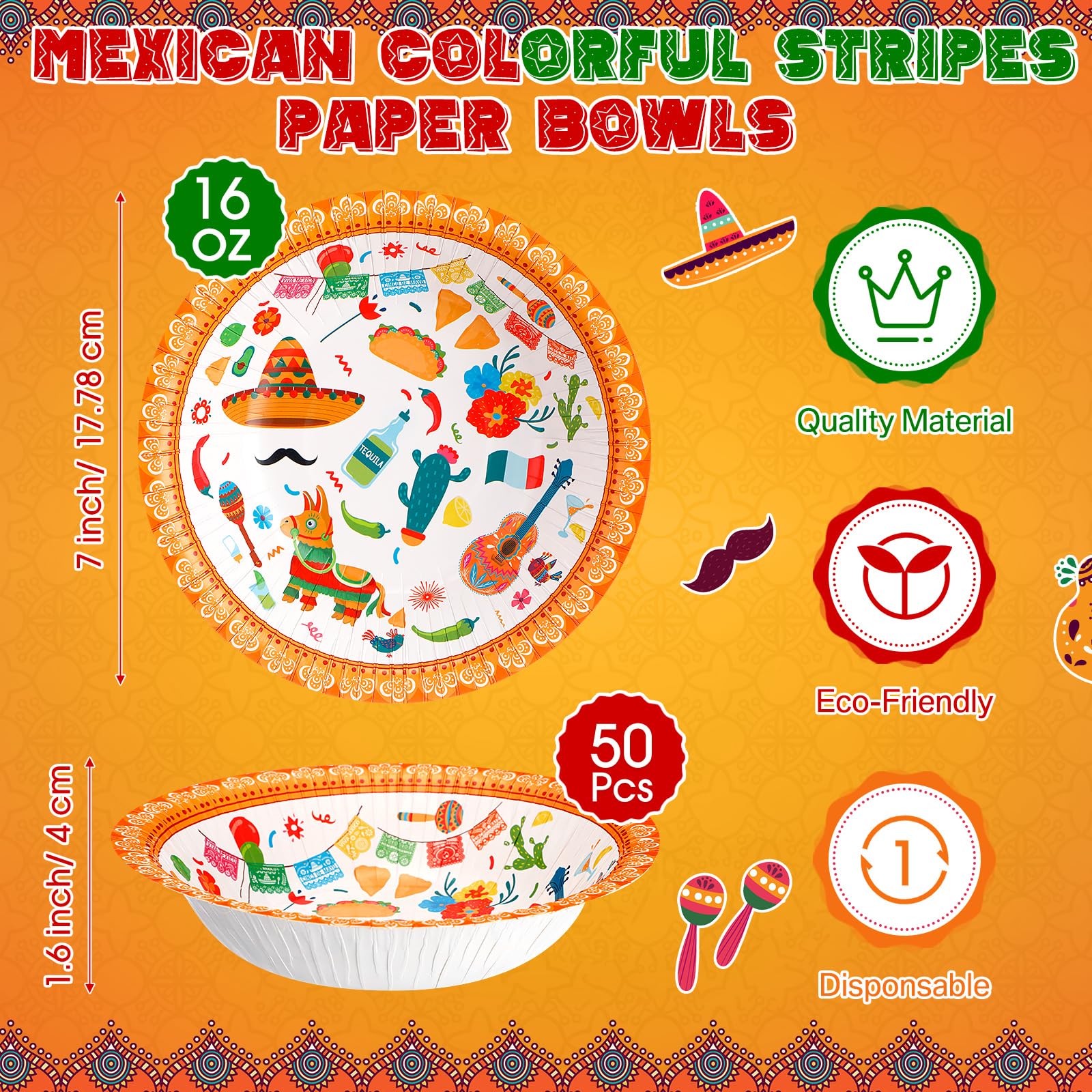 Skybooly 50 Pcs 16 oz Fiesta Bowls Disposable Mexican Party Serving Paper Bowls 7 Inch Cinco De Mayo Heavy Duty Paper Plates for Soup Salad Ramen Birthday Party Decorations