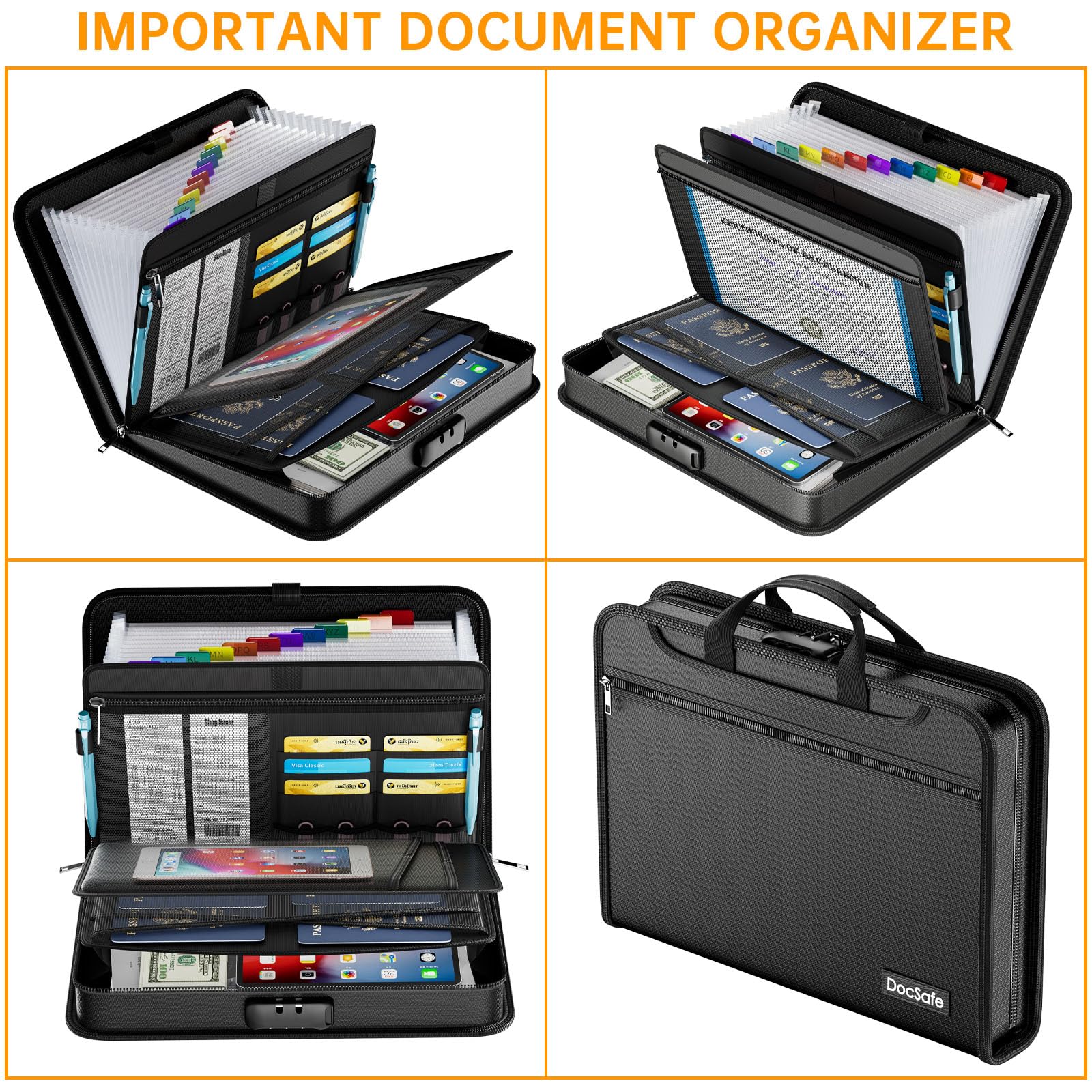 DocSafe Accordion File Organizer with Combination Lock,Fireproof Water Resistant Expanding File Folder with Multi Pockets,Document Organizer Home Office Travel Safe Storage for Letter Size Files,Black
