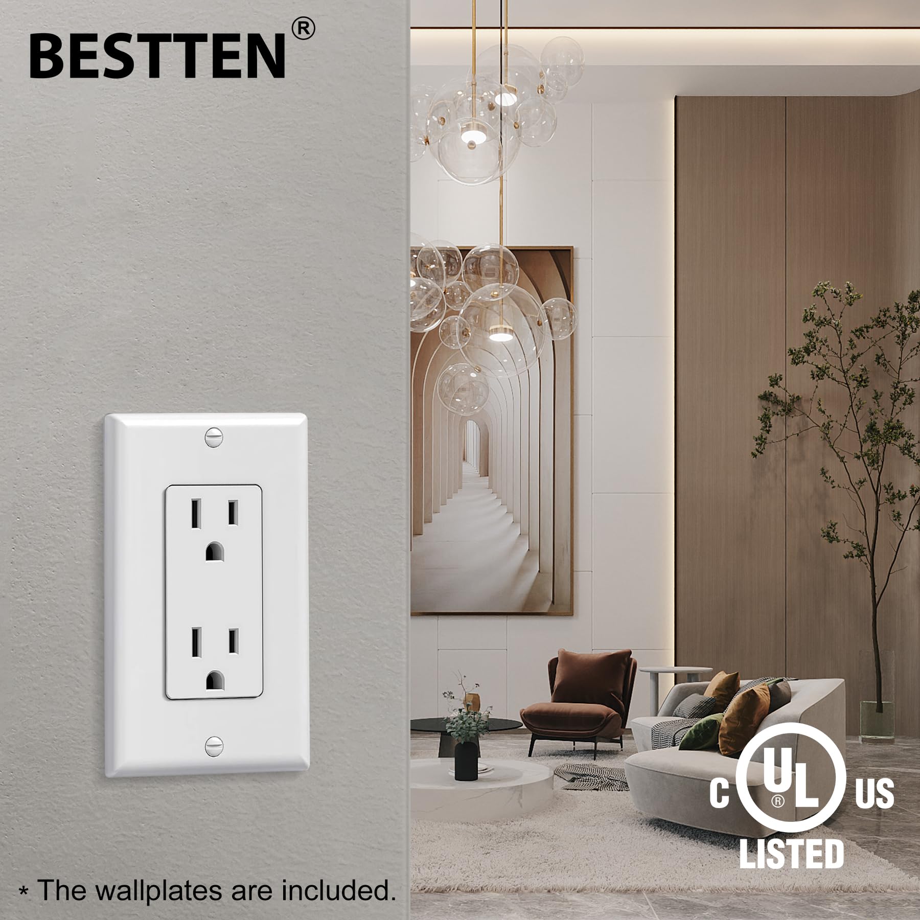 BESTTEN 10 Pack -15 Amp Decor Receptacle Outlet for Residential and Commerical Use, 15A/125V/1875W, Standard Electrical Wall Outlet, Decorator Wallplate Included, cUL Listed, White