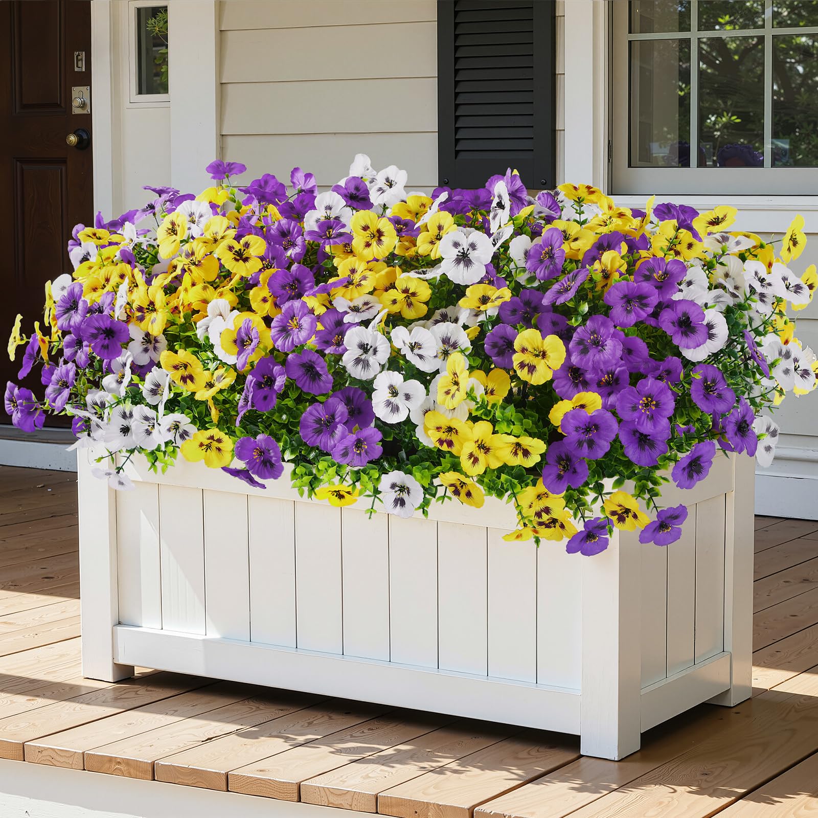 Alupssuc 24 Bundles Artificial Flowers for Outdoors Spring Decoration, Fake Flowers UV Resistant Realistic Pansies with Eucalyptus Silk Faux Flowers for Porch Patio Yard, Purple Yellow White