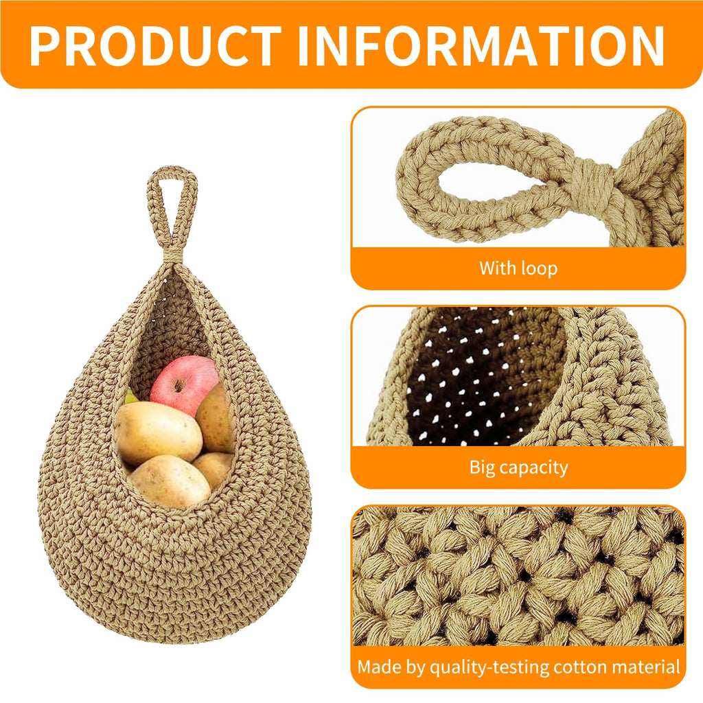 Teardrop Fruit Vegetable Baskets for kitchen, Boho Handwoven Wall Jute Hanging Basket Potato Garlic Onion Fruit Storage Handwoven Decorative Kitchen Organizer and Wall Planter Holder （3 Packs, Khaki）
